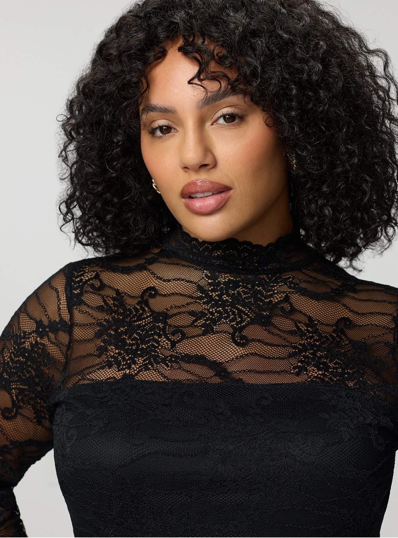Plus Size Lace Mock Neck Mini Dress, DEEP BLACK, alternate