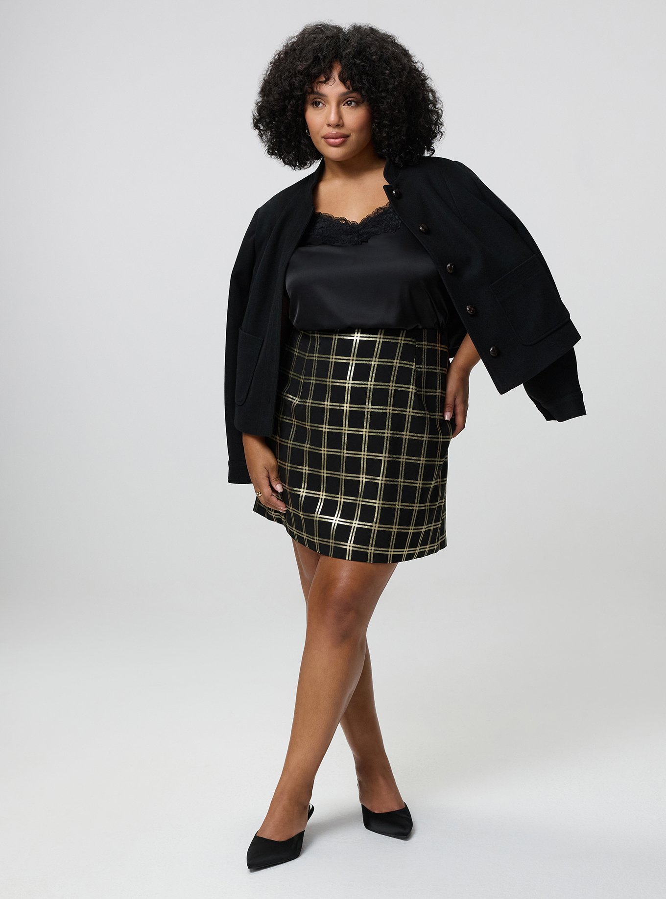Plus Size Studio Mini Skirt, MODERN PLAID GOLD, alternate