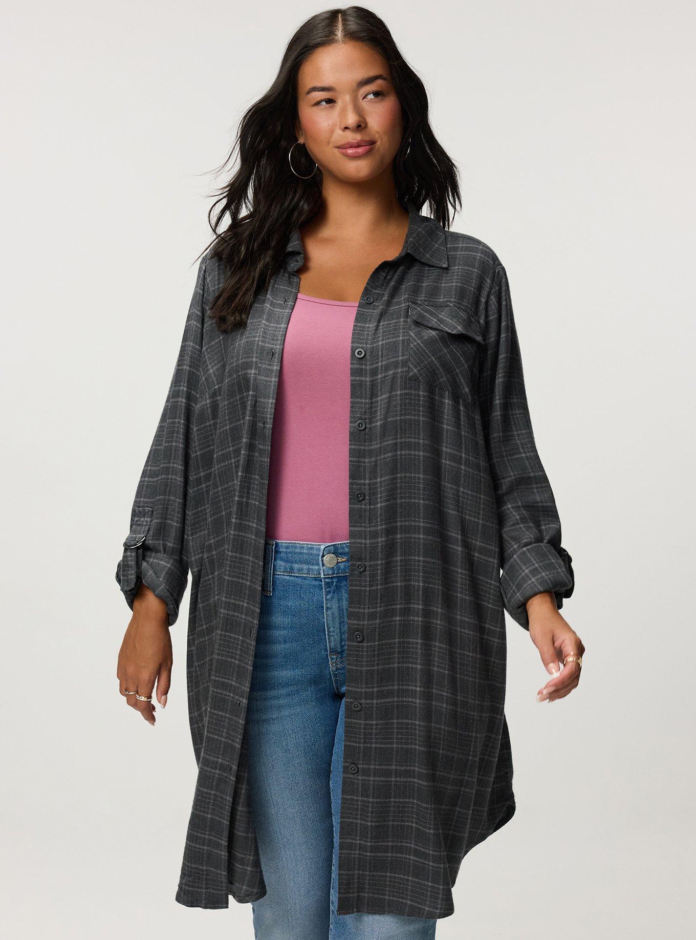 Flannel Longline Shacket, TOWN PLAID GREY, hi-res