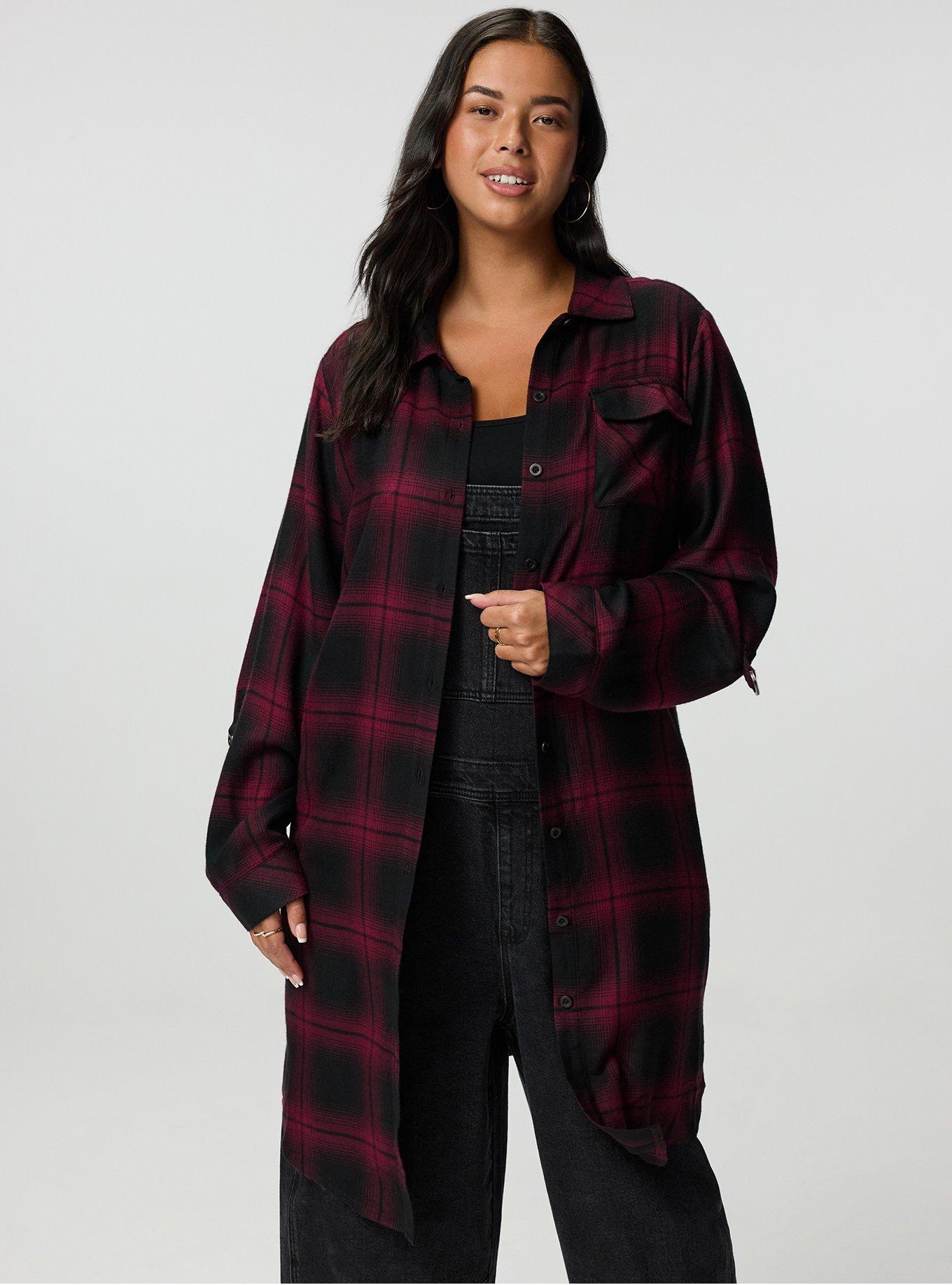 Flannel Longline Shacket, FADING PLAID BURGUNDY, alternate