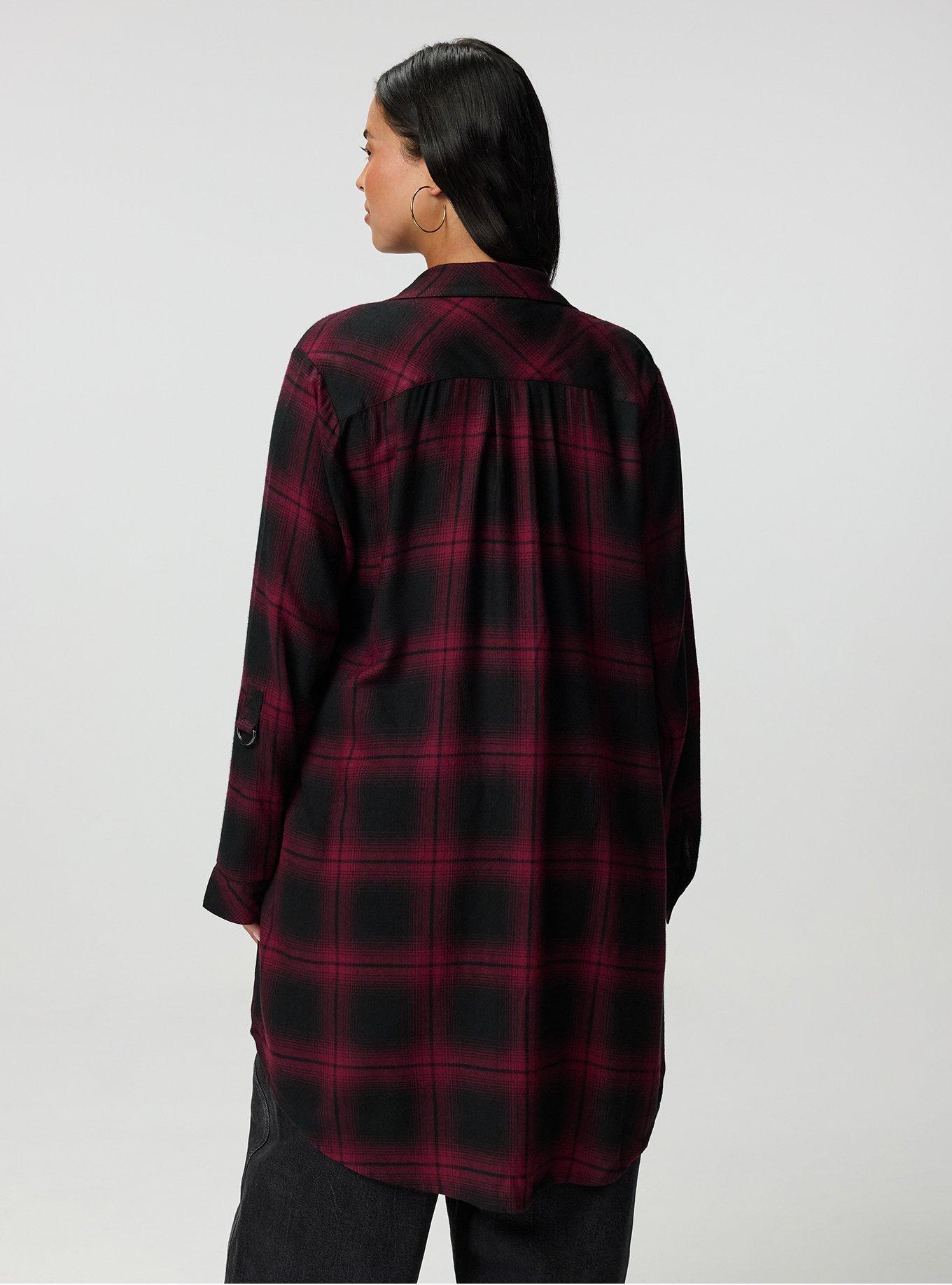 Flannel Longline Shacket, FADING PLAID BURGUNDY, alternate