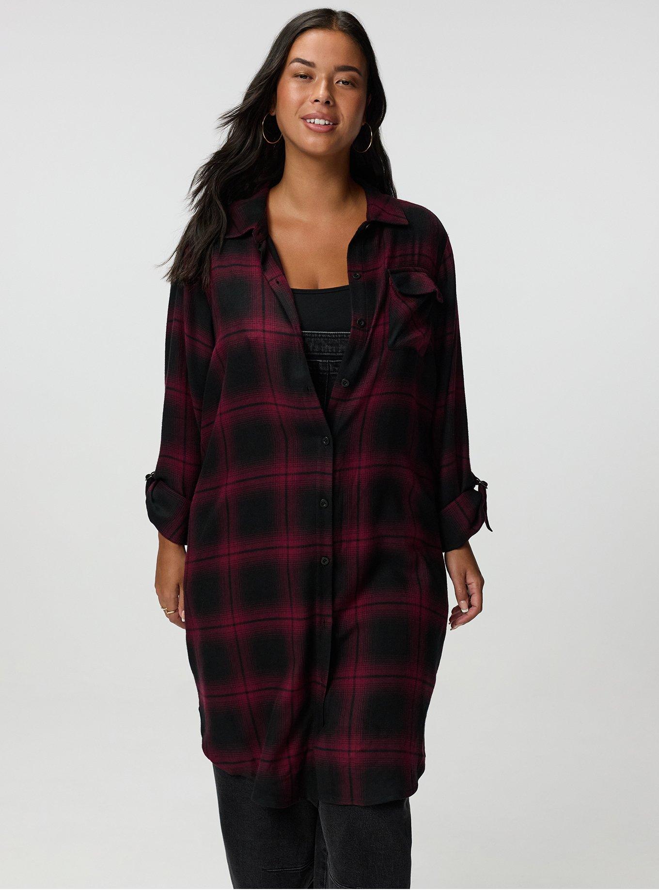 Flannel Longline Shacket, FADING PLAID BURGUNDY, alternate