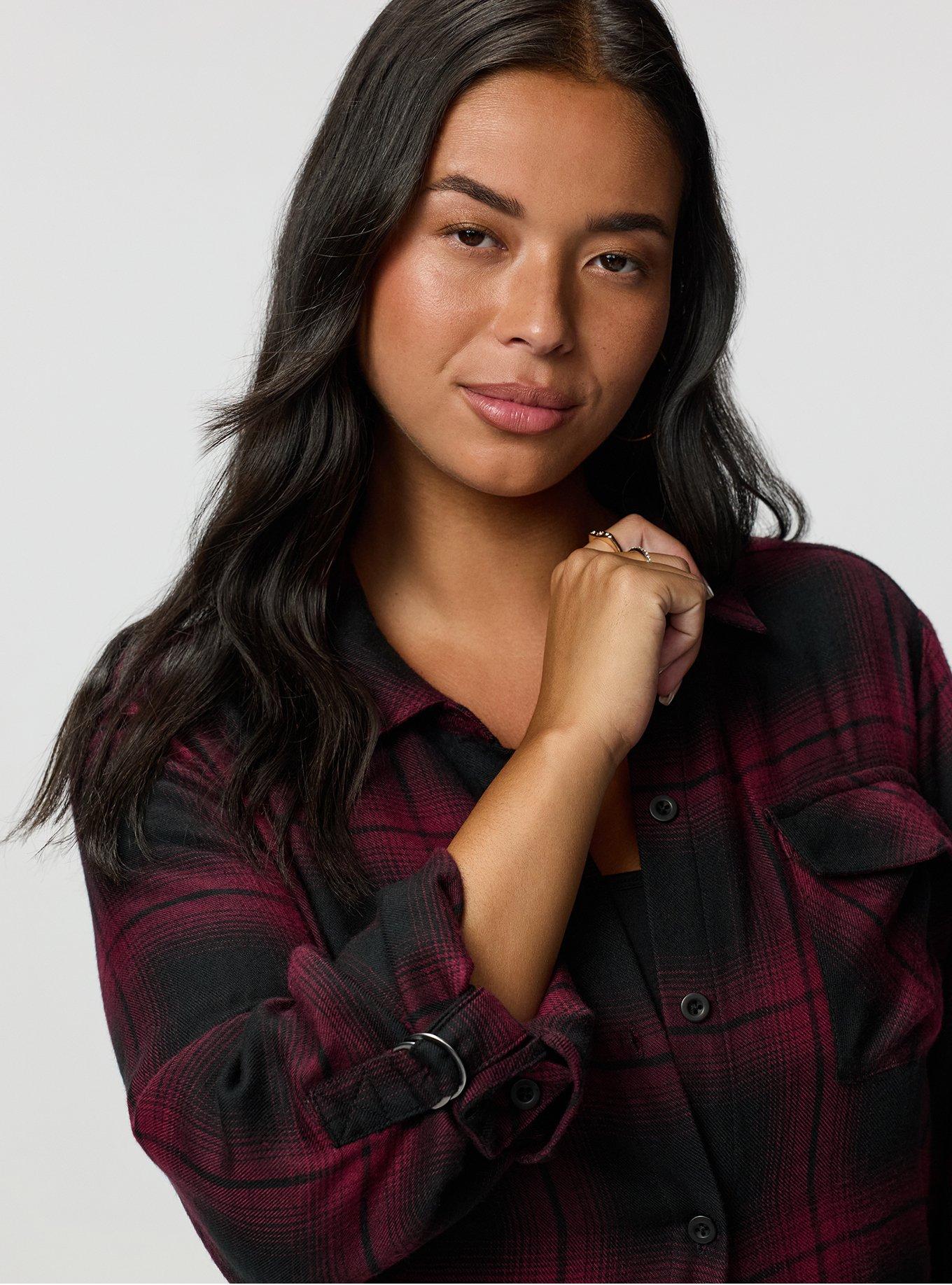 Flannel Longline Shacket, FADING PLAID BURGUNDY, alternate