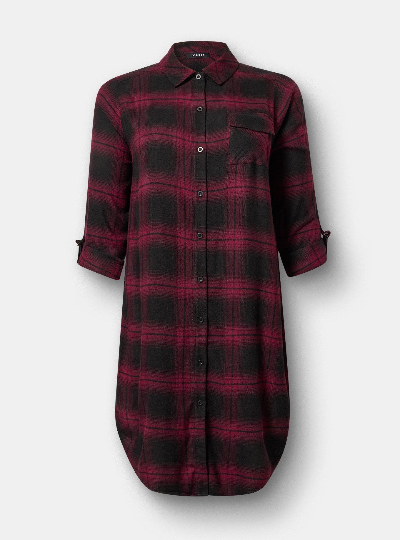 Flannel Longline Shacket, FADING PLAID BURGUNDY, flat