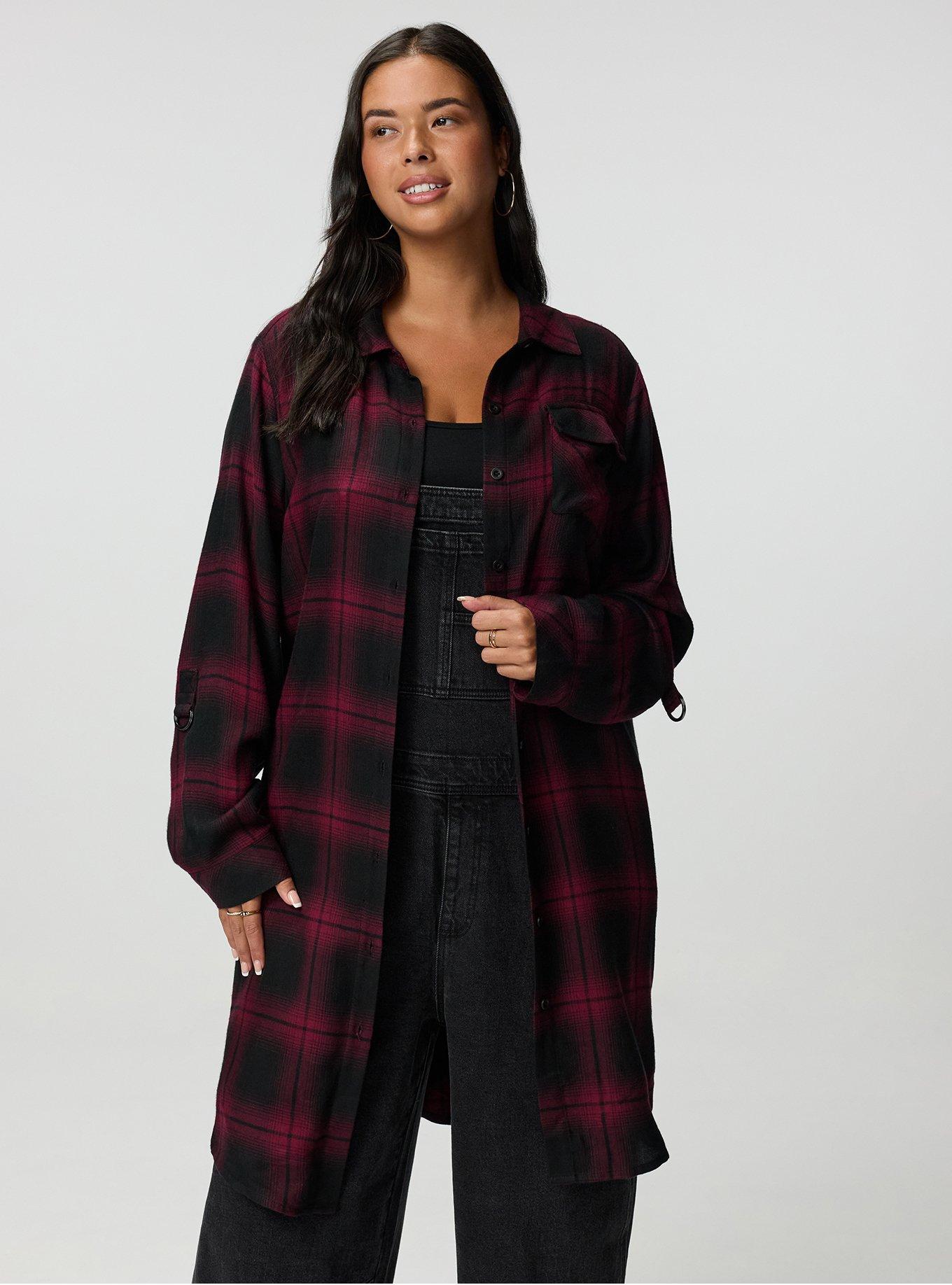 Flannel Longline Shacket, FADING PLAID BURGUNDY, hi-res
