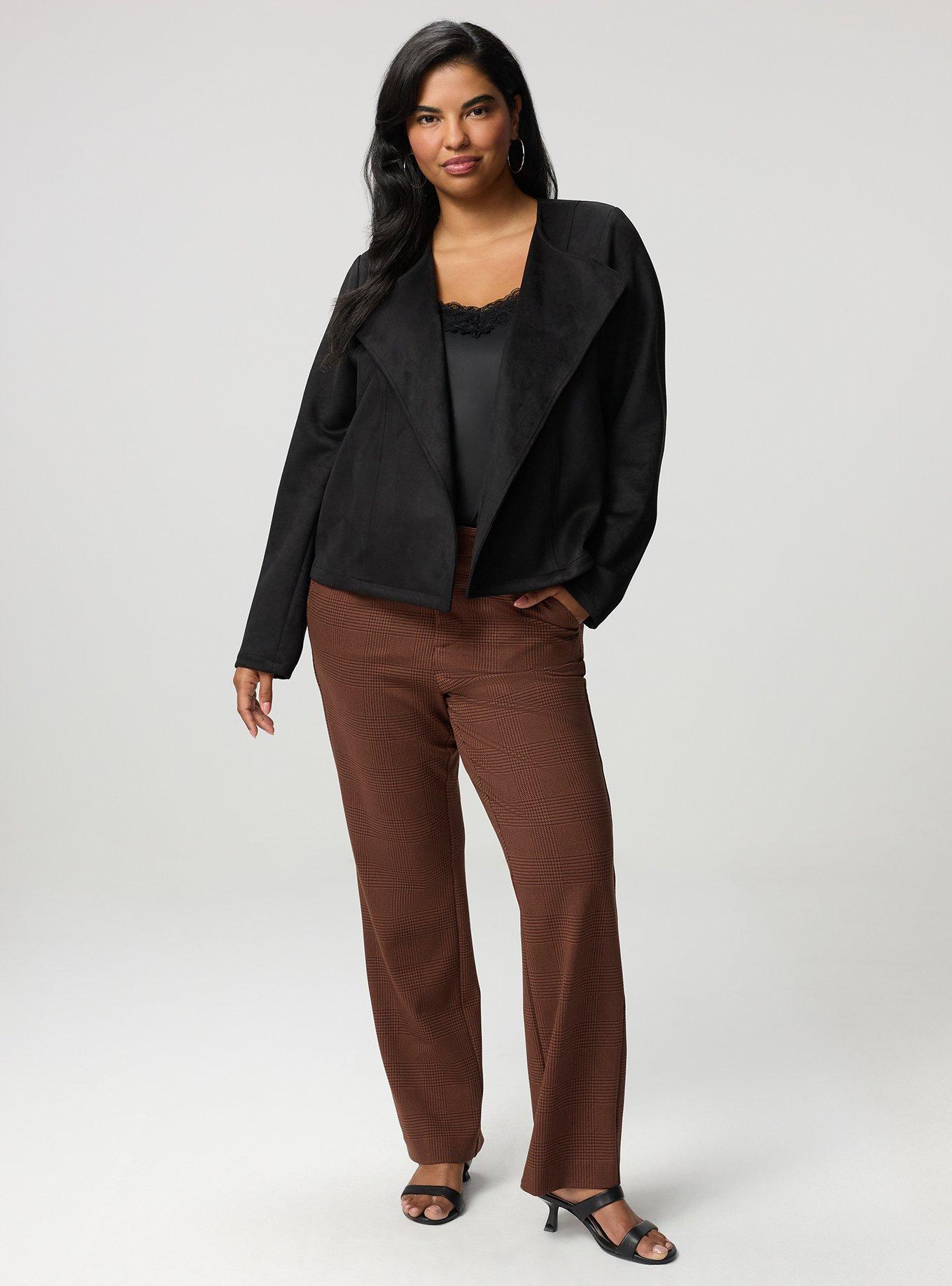 Plus Size Collarless Faux Suede Jacket, DEEP BLACK, alternate