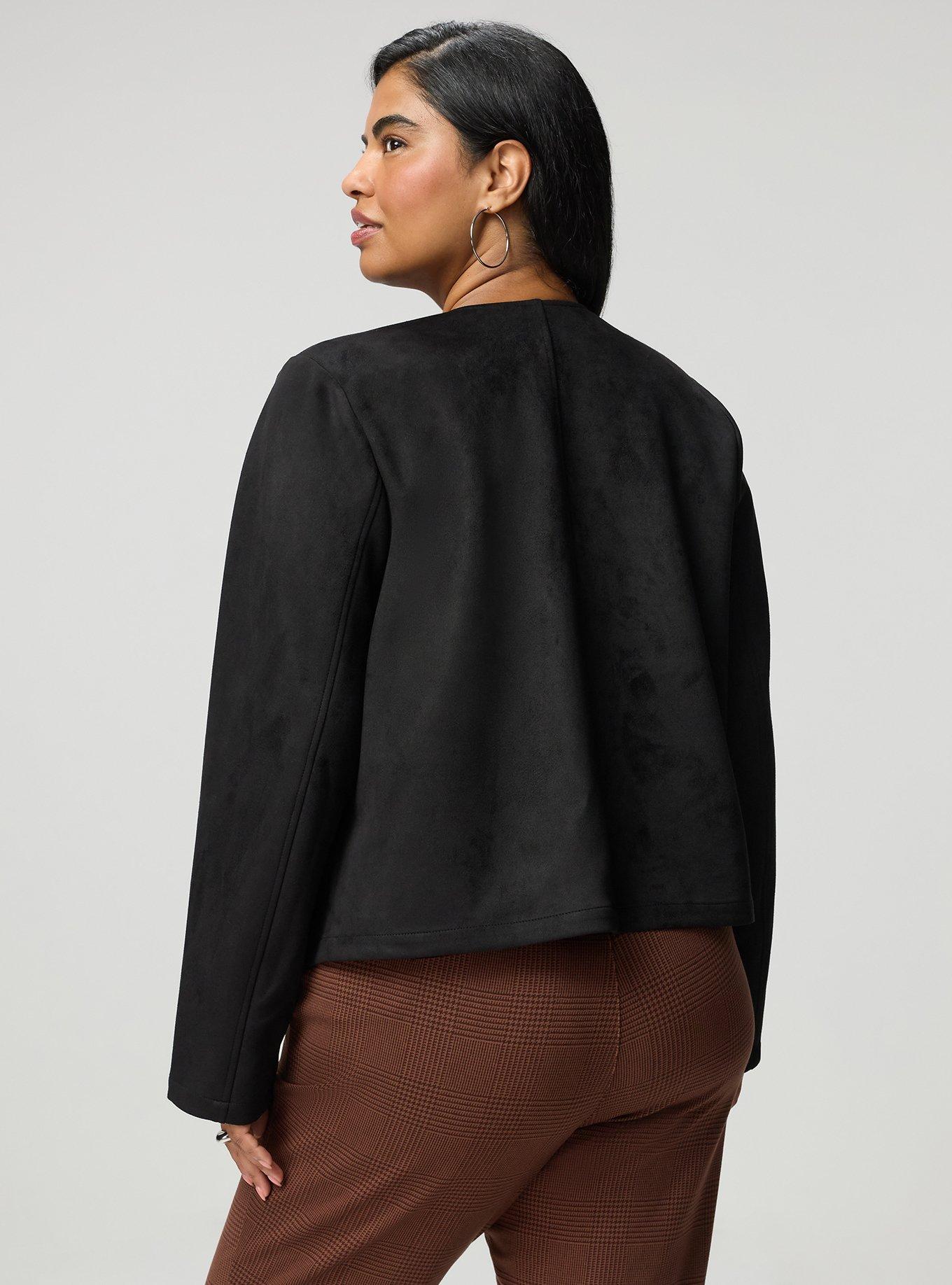 Plus Size Collarless Faux Suede Jacket, DEEP BLACK, alternate