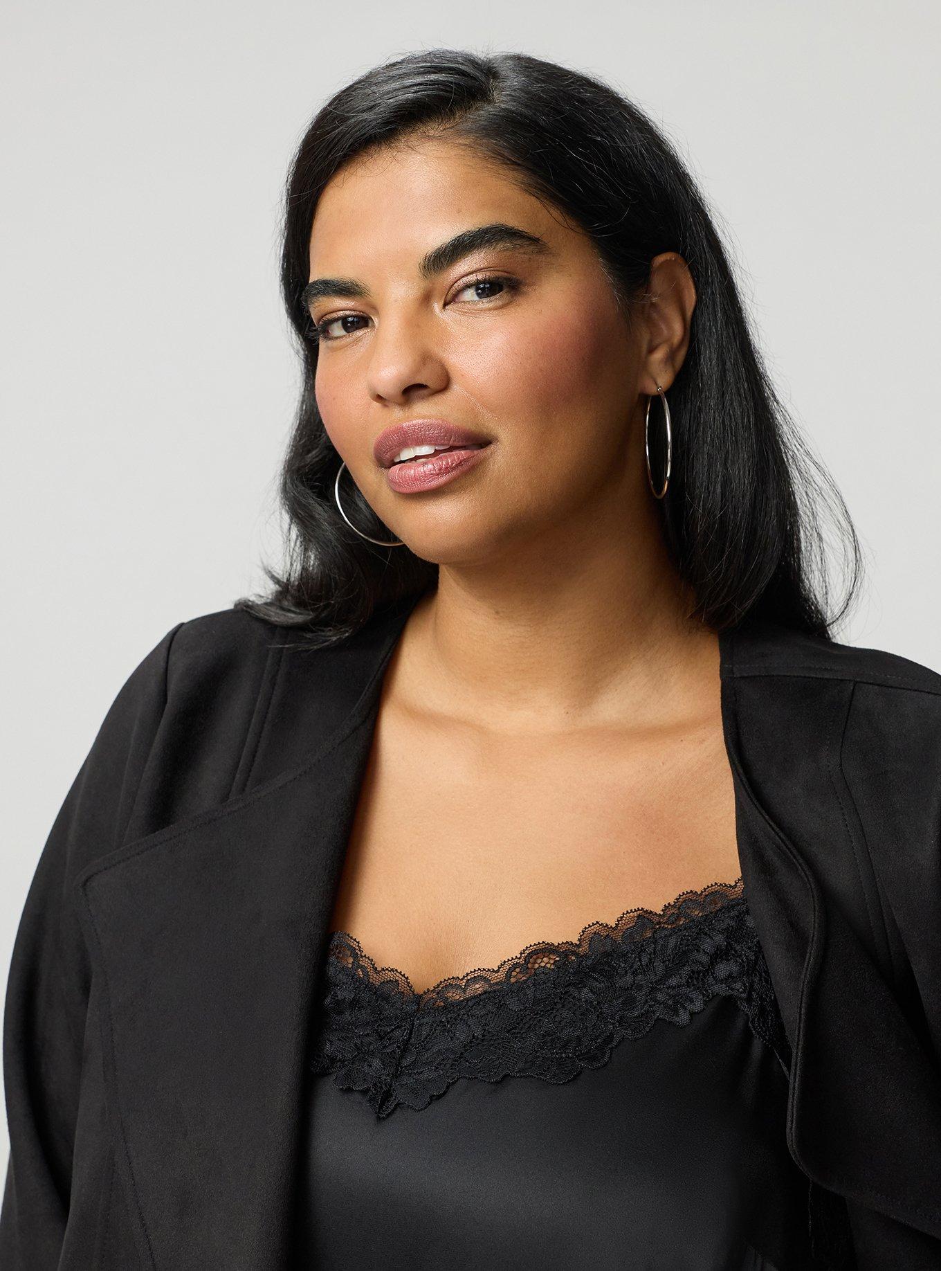 Plus Size Collarless Faux Suede Jacket, DEEP BLACK, alternate