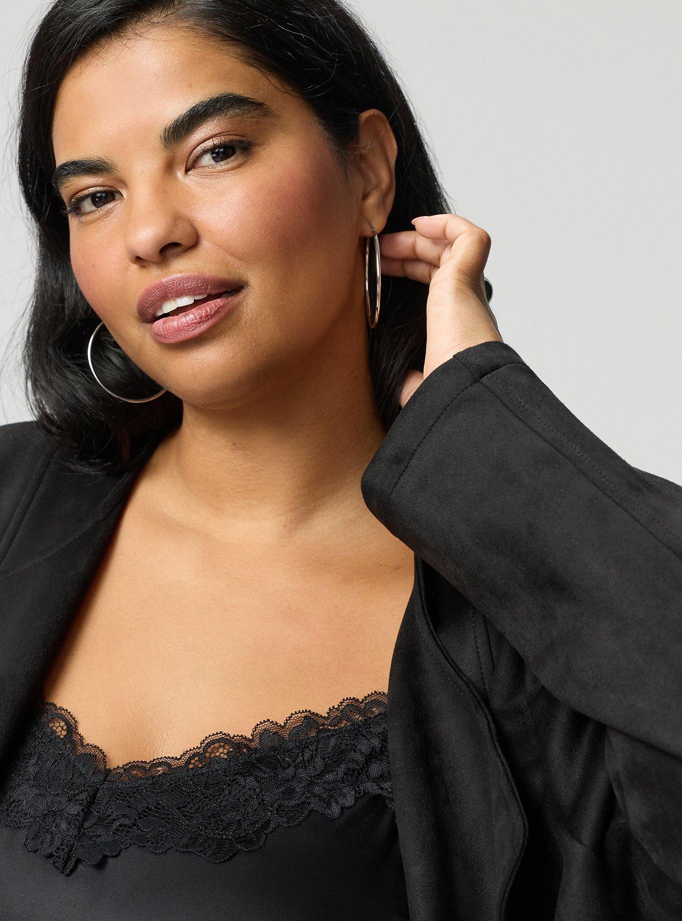 Plus Size Collarless Faux Suede Jacket, DEEP BLACK, alternate