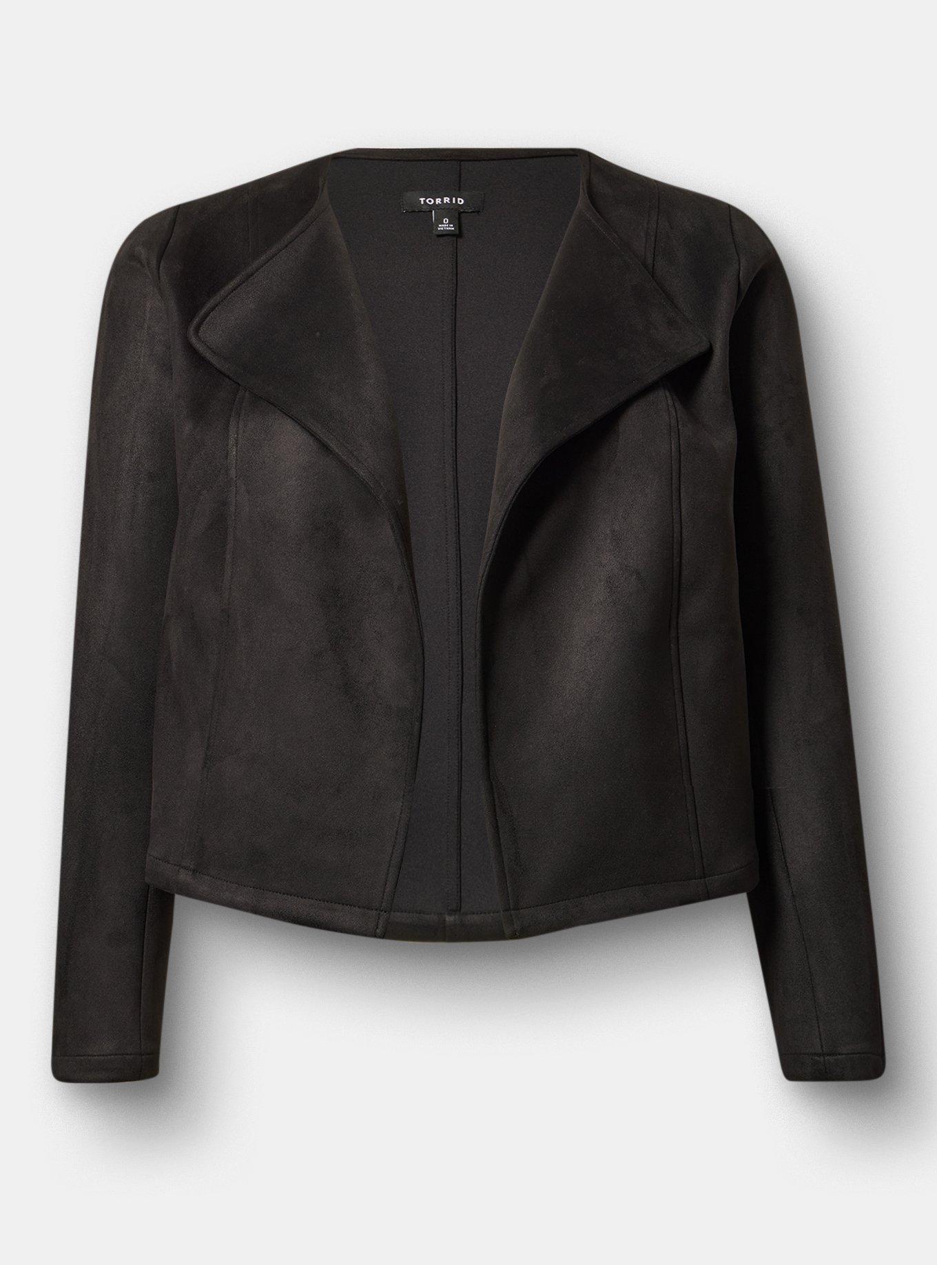 Plus Size Collarless Faux Suede Jacket, DEEP BLACK, flat