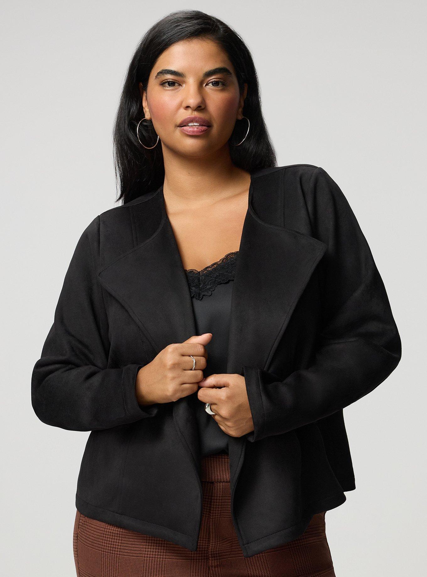Plus Size Collarless Faux Suede Jacket, DEEP BLACK, hi-res
