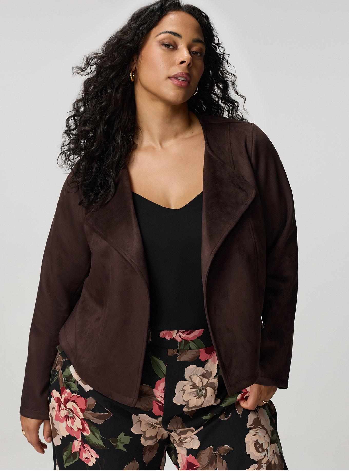 Collarless Faux Suede Jacket, JAVA, hi-res