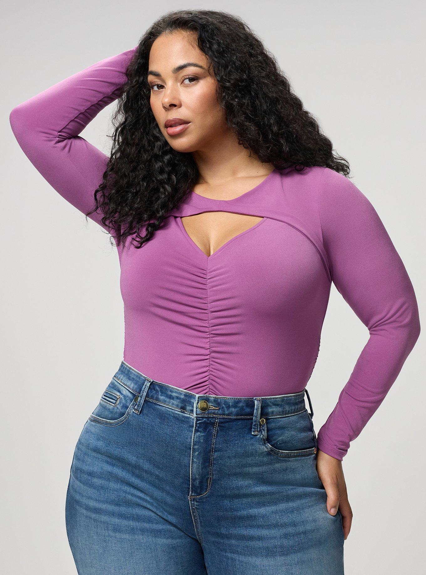 Ruched Keyhole Long Sleeve Top, AMETHYST, alternate