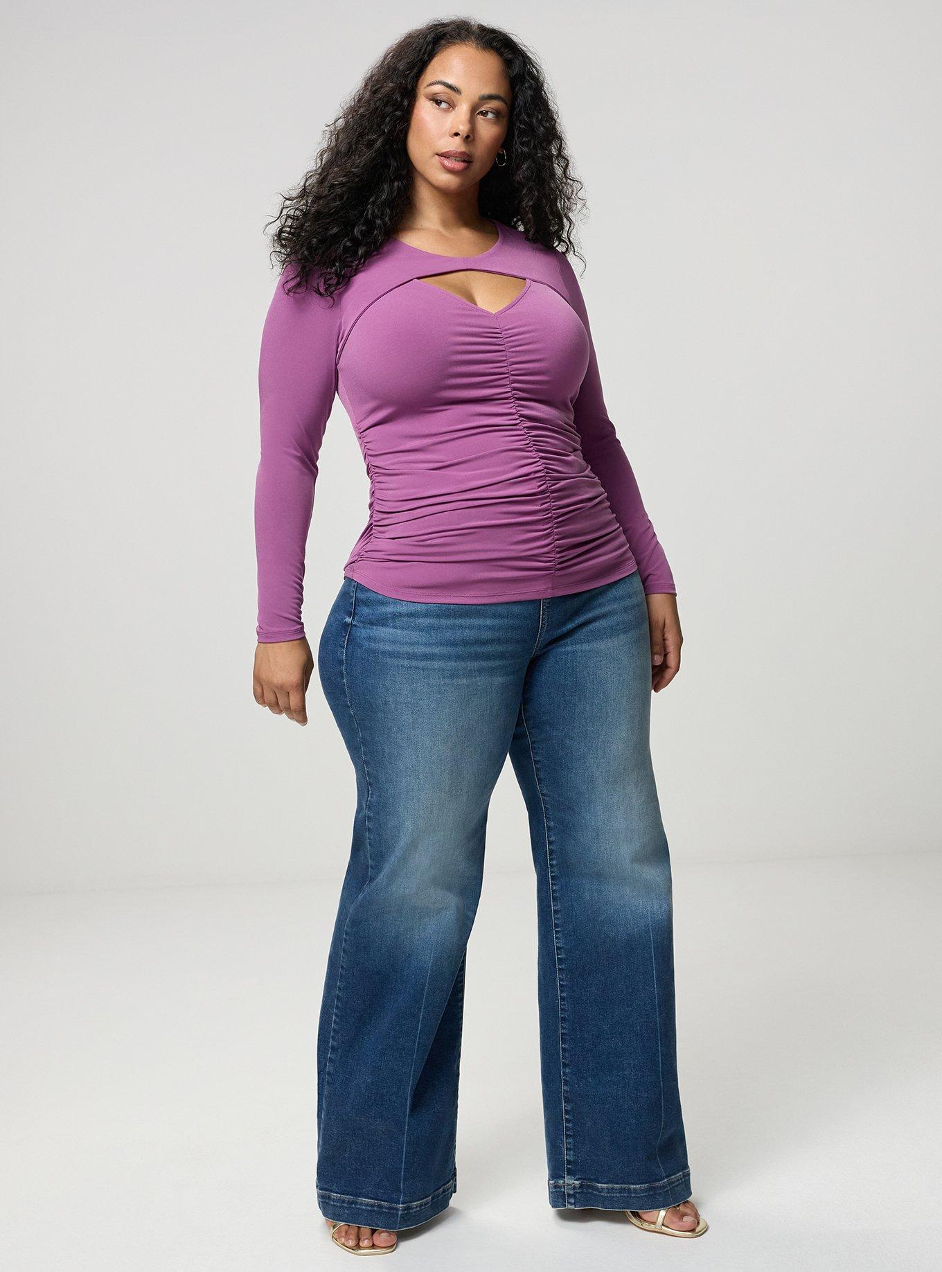 Ruched Keyhole Long Sleeve Top, AMETHYST, alternate