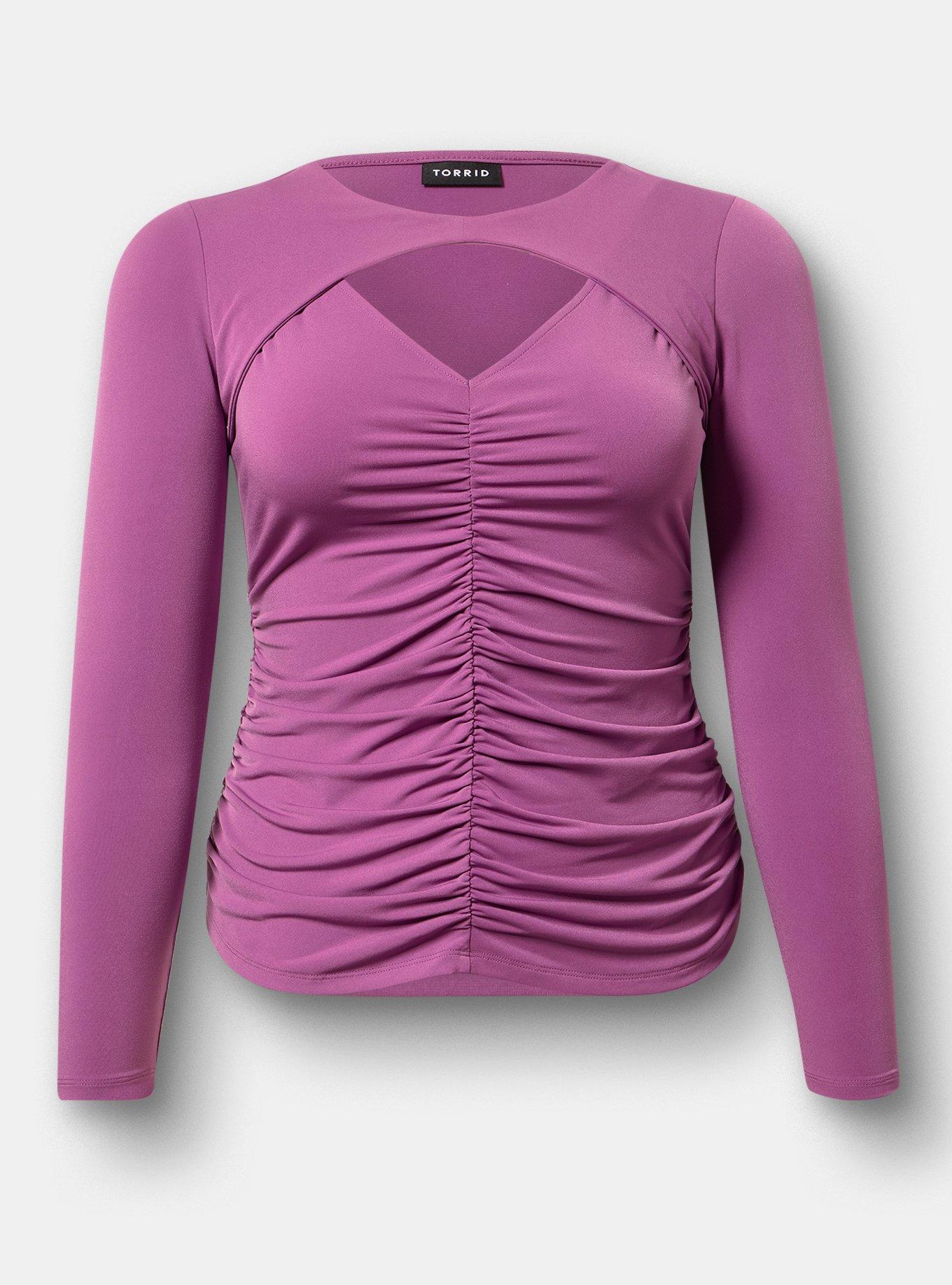Ruched Keyhole Long Sleeve Top, AMETHYST, flat