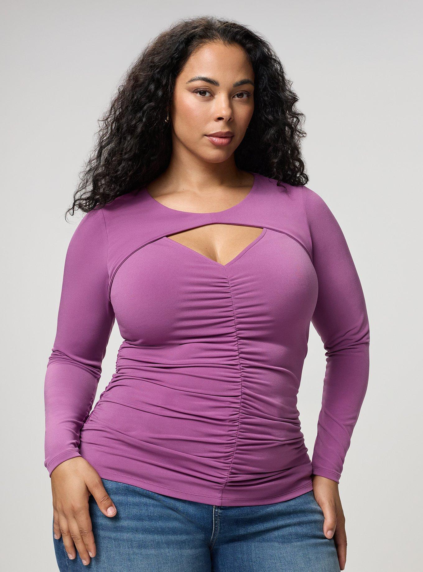 Ruched Keyhole Long Sleeve Top, AMETHYST, hi-res