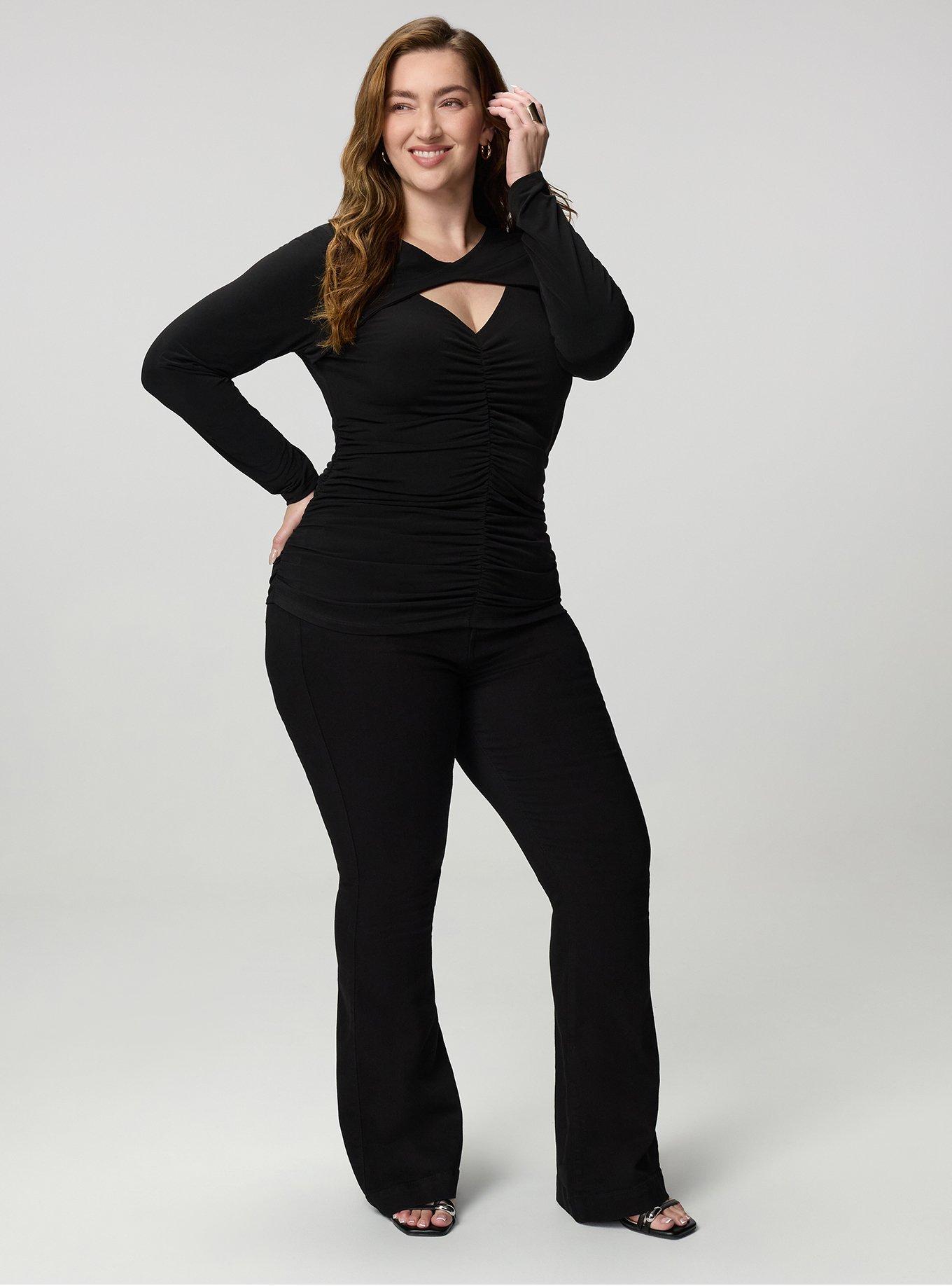 Ruched Keyhole Long Sleeve Top, DEEP BLACK, alternate