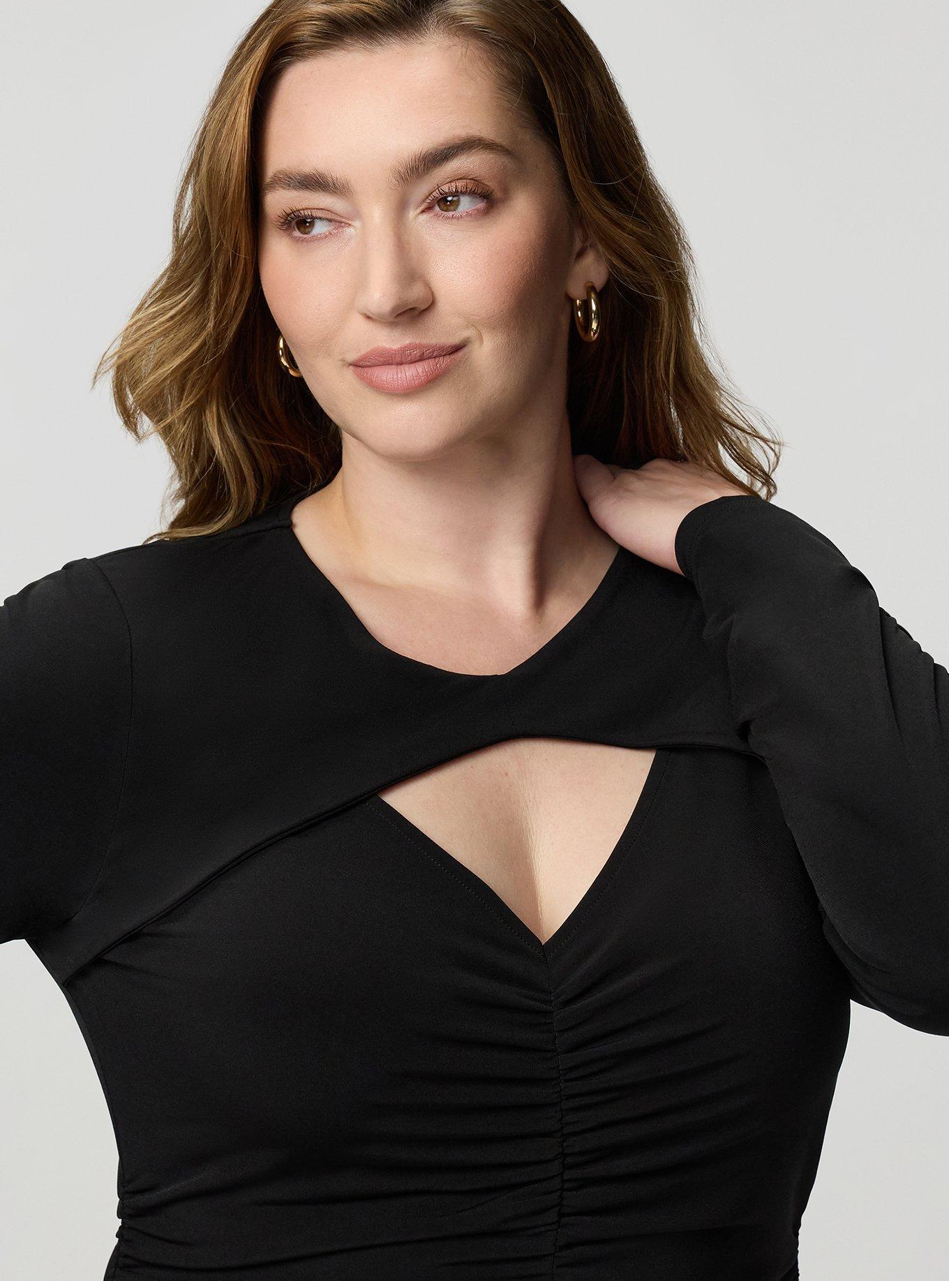 Ruched Keyhole Long Sleeve Top, DEEP BLACK, alternate