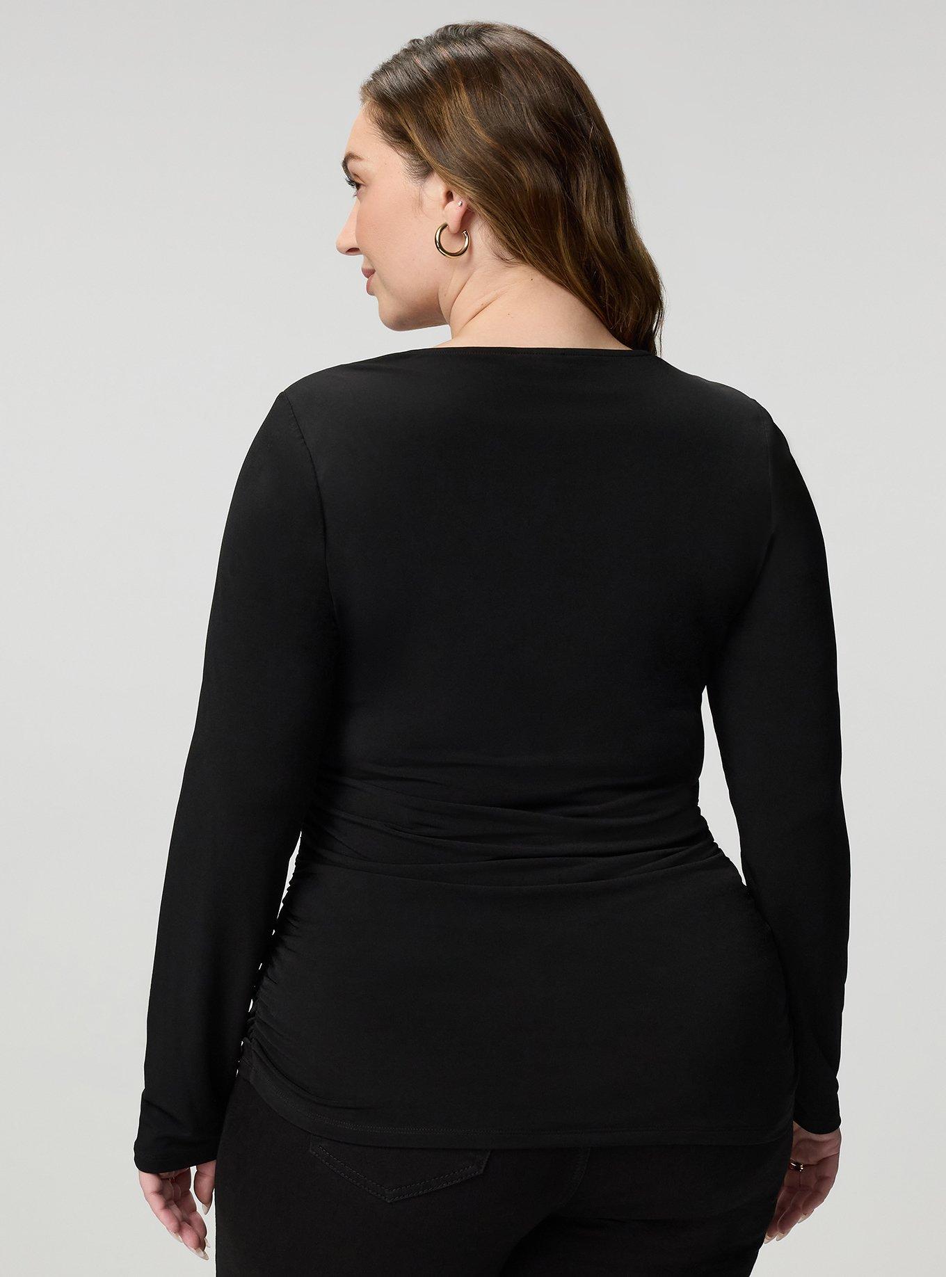 Ruched Keyhole Long Sleeve Top, DEEP BLACK, alternate