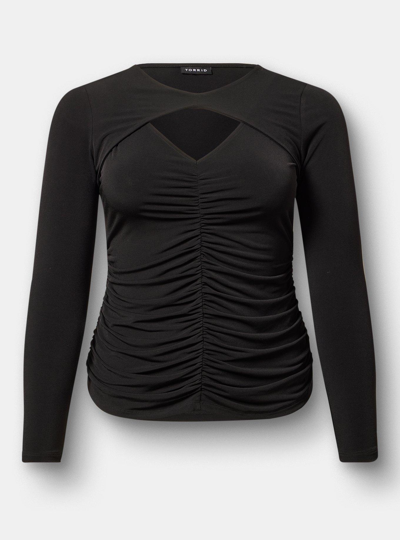 Ruched Keyhole Long Sleeve Top, DEEP BLACK, hi-res