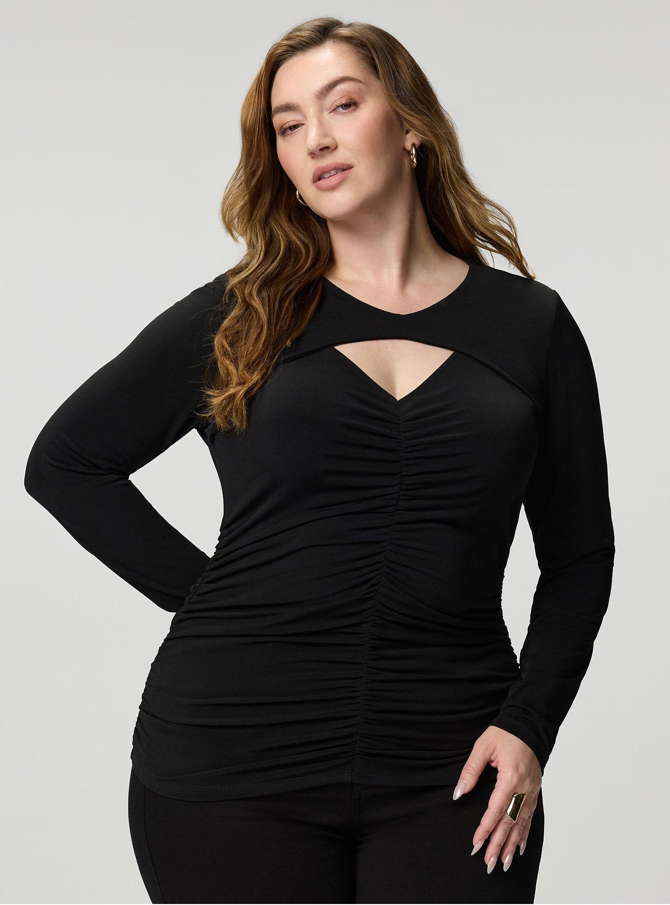 Ruched Keyhole Long Sleeve Top, DEEP BLACK, hi-res