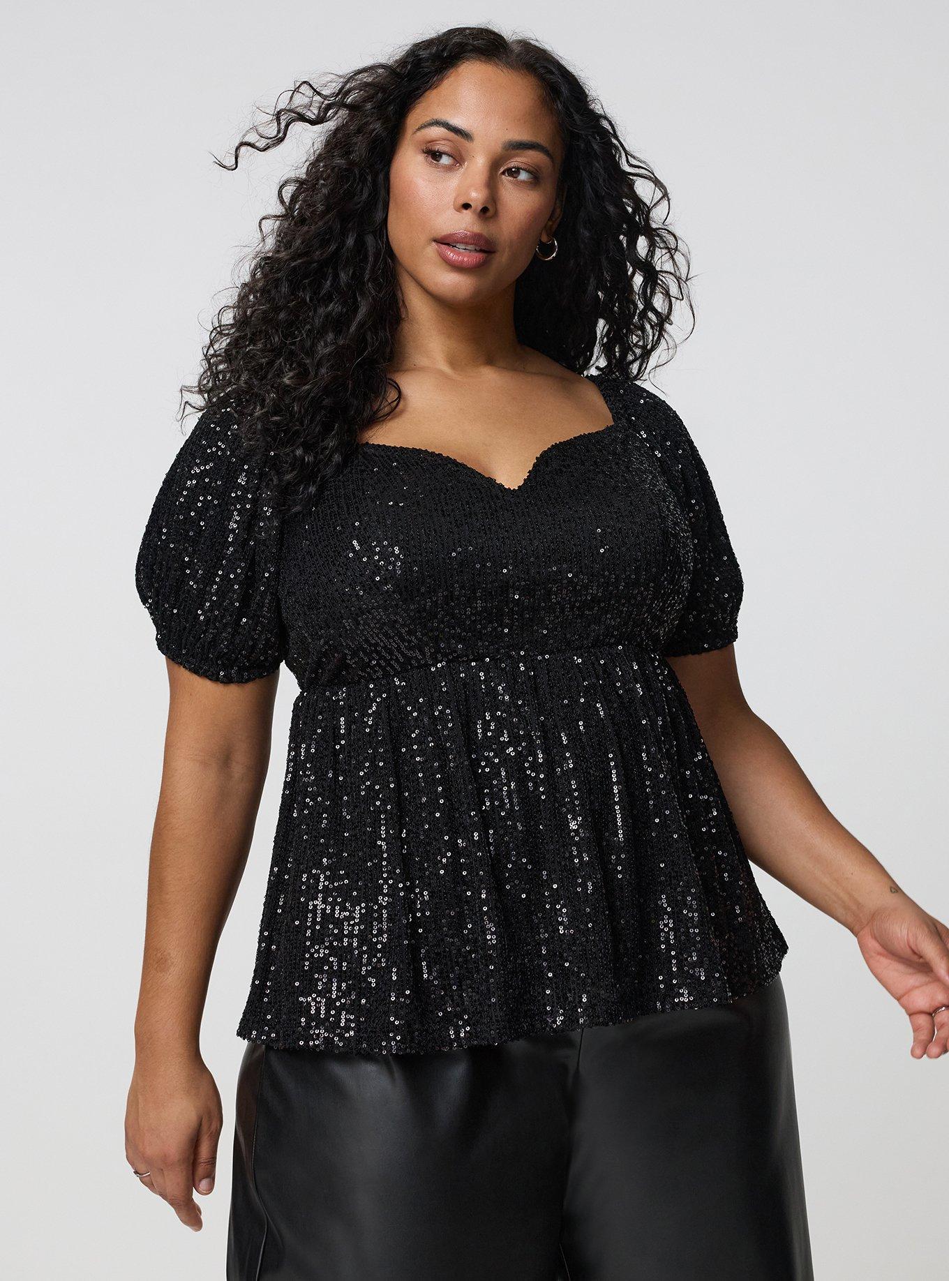 Sequin Sweetheart Babydoll Top, DEEP BLACK, hi-res
