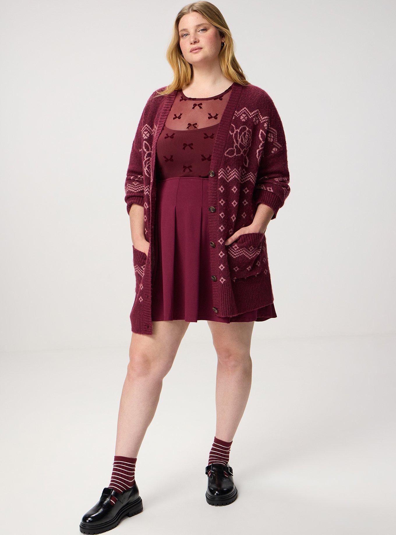 Vegan Cashmere Boyfriend Cardigan, PRETTY ROSE FAIRISLE MAROON BANNER, alternate