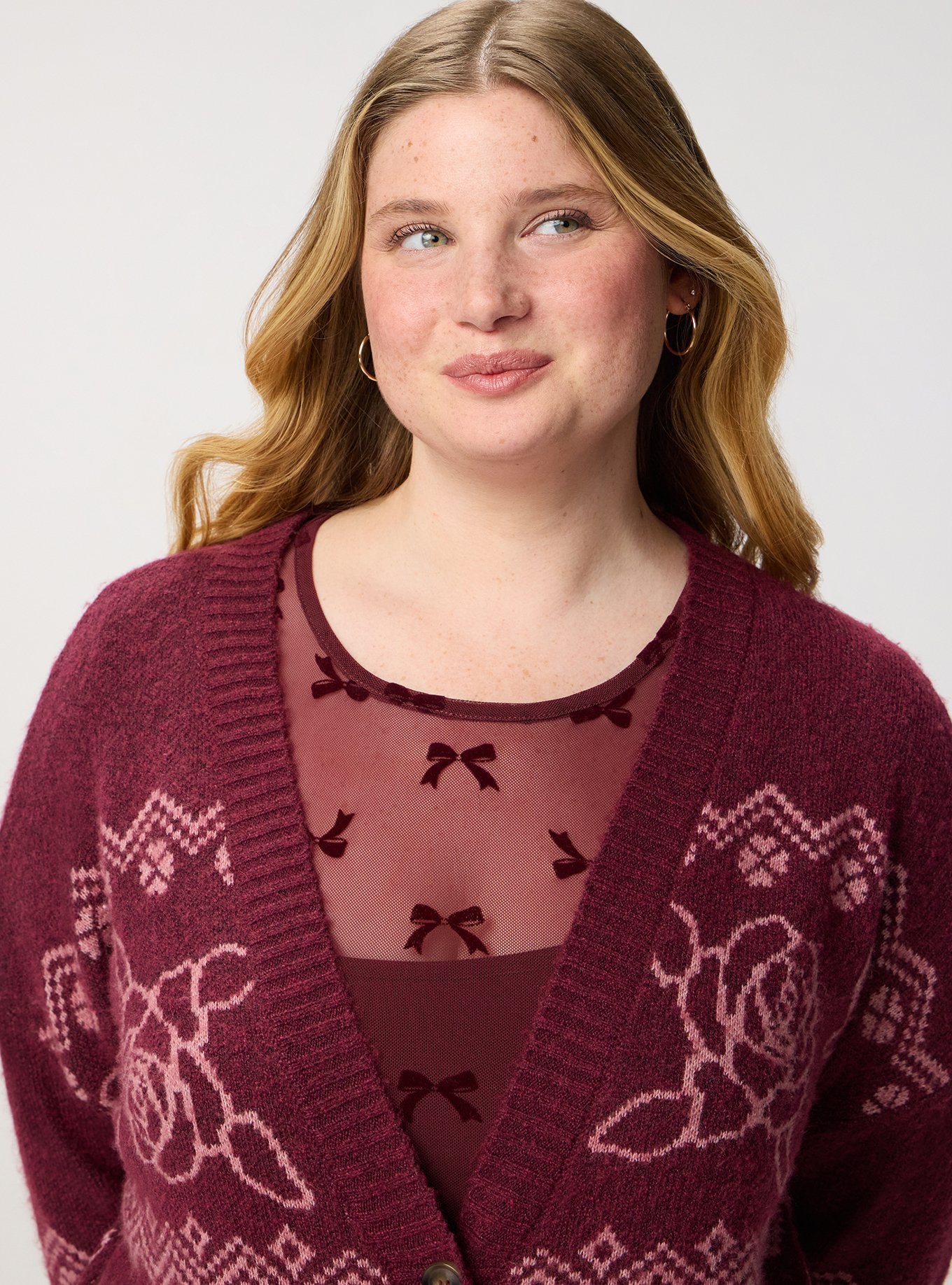 Vegan Cashmere Boyfriend Cardigan, PRETTY ROSE FAIRISLE MAROON BANNER, alternate