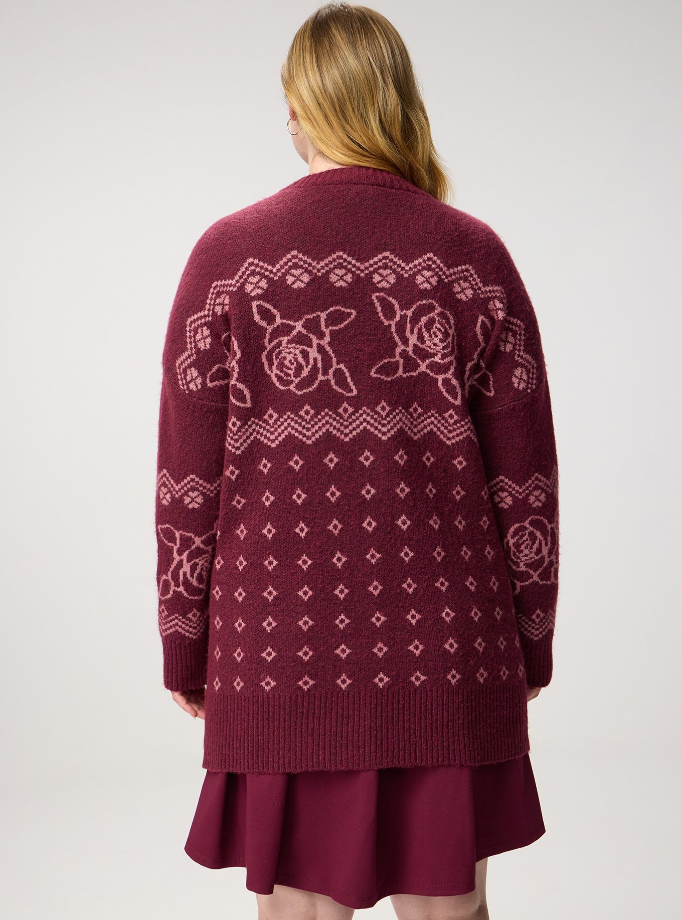 Vegan Cashmere Boyfriend Cardigan, PRETTY ROSE FAIRISLE MAROON BANNER, alternate