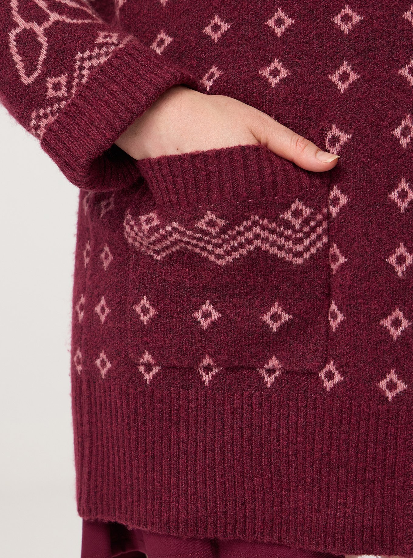 Vegan Cashmere Boyfriend Cardigan, PRETTY ROSE FAIRISLE MAROON BANNER, alternate