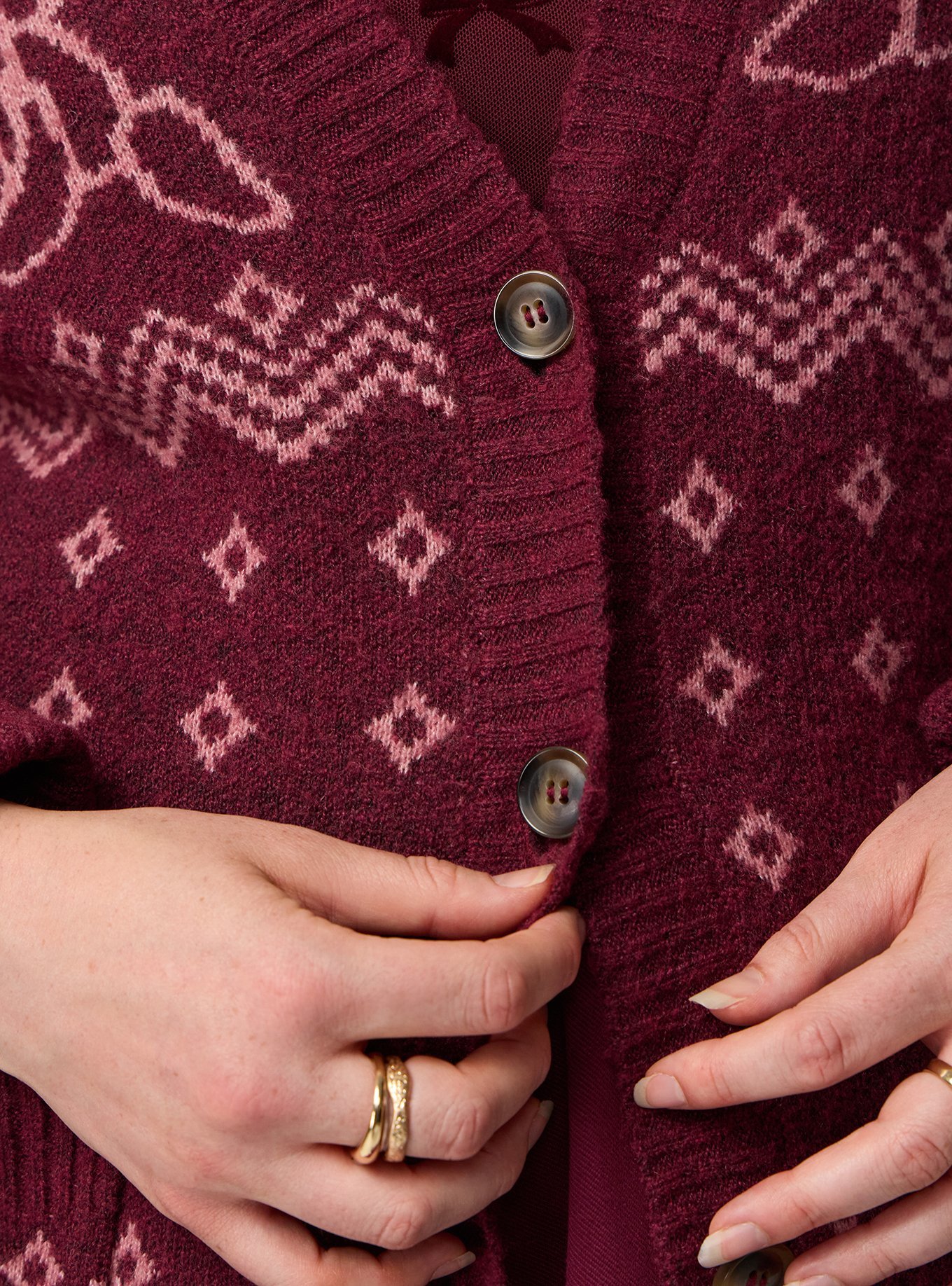 Vegan Cashmere Boyfriend Cardigan, PRETTY ROSE FAIRISLE MAROON BANNER, alternate