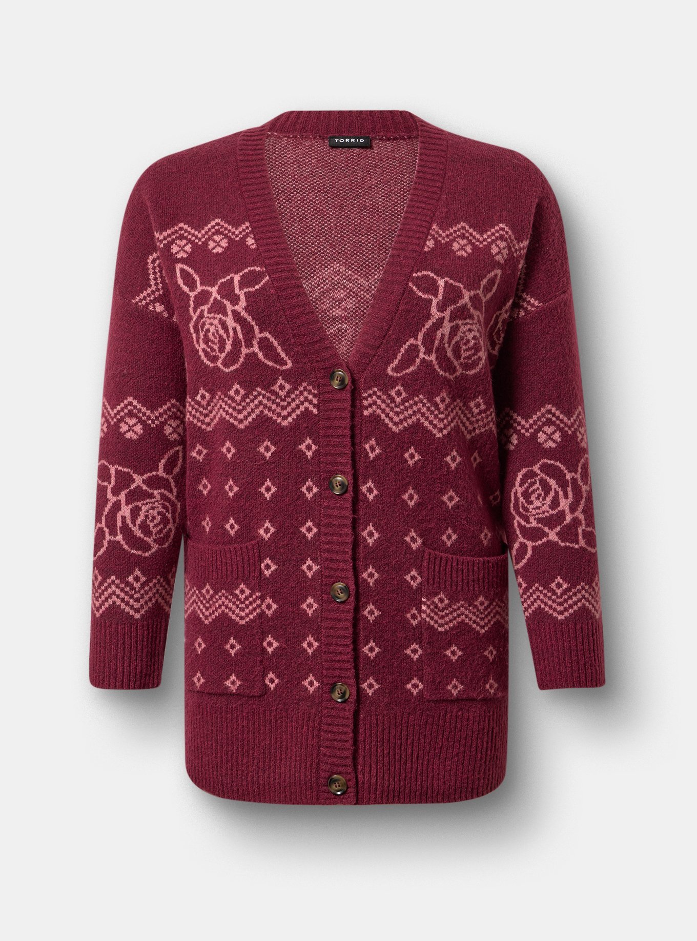 Vegan Cashmere Boyfriend Cardigan, PRETTY ROSE FAIRISLE MAROON BANNER, hi-res