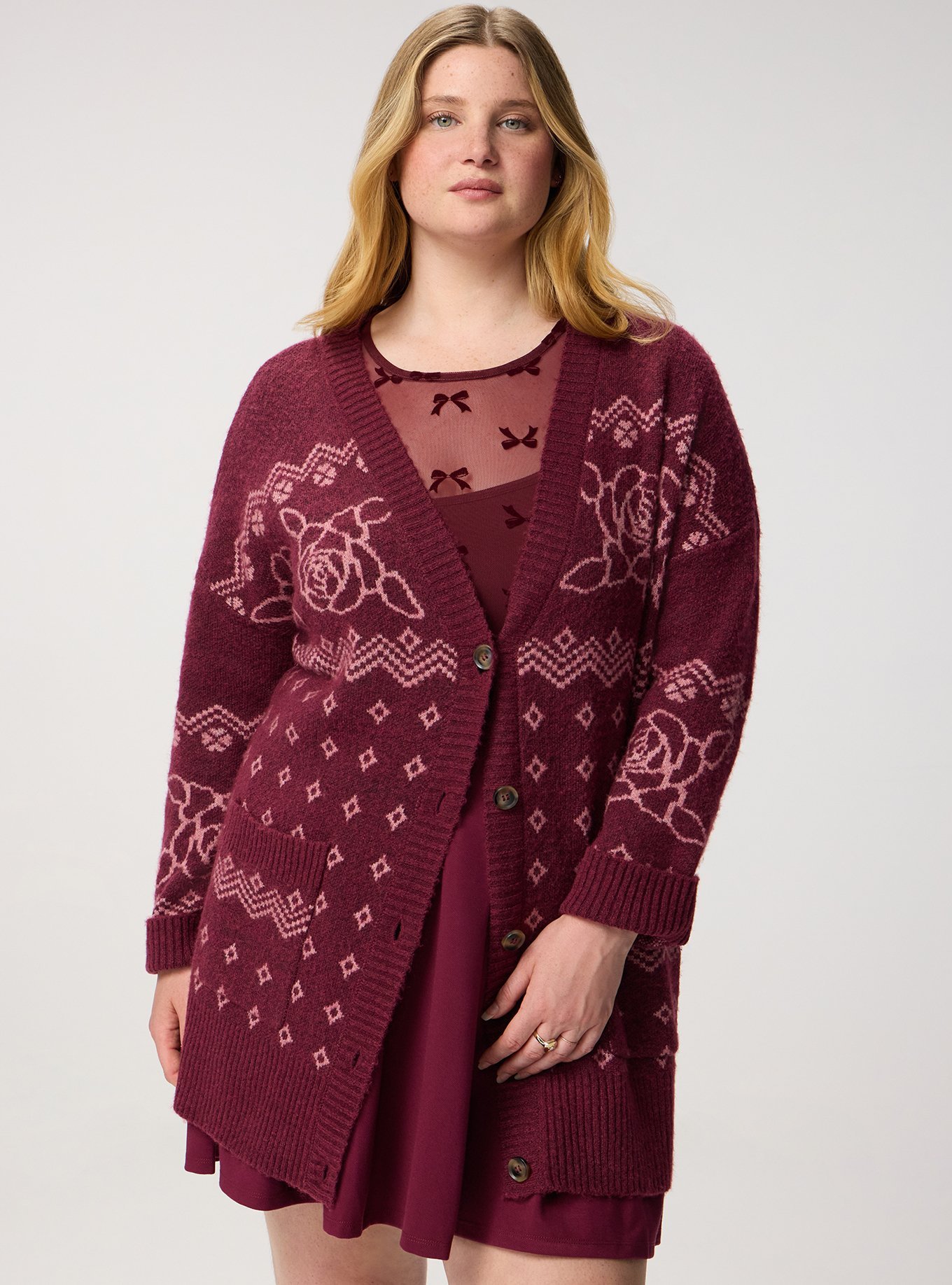 Vegan Cashmere Boyfriend Cardigan, PRETTY ROSE FAIRISLE MAROON BANNER, hi-res