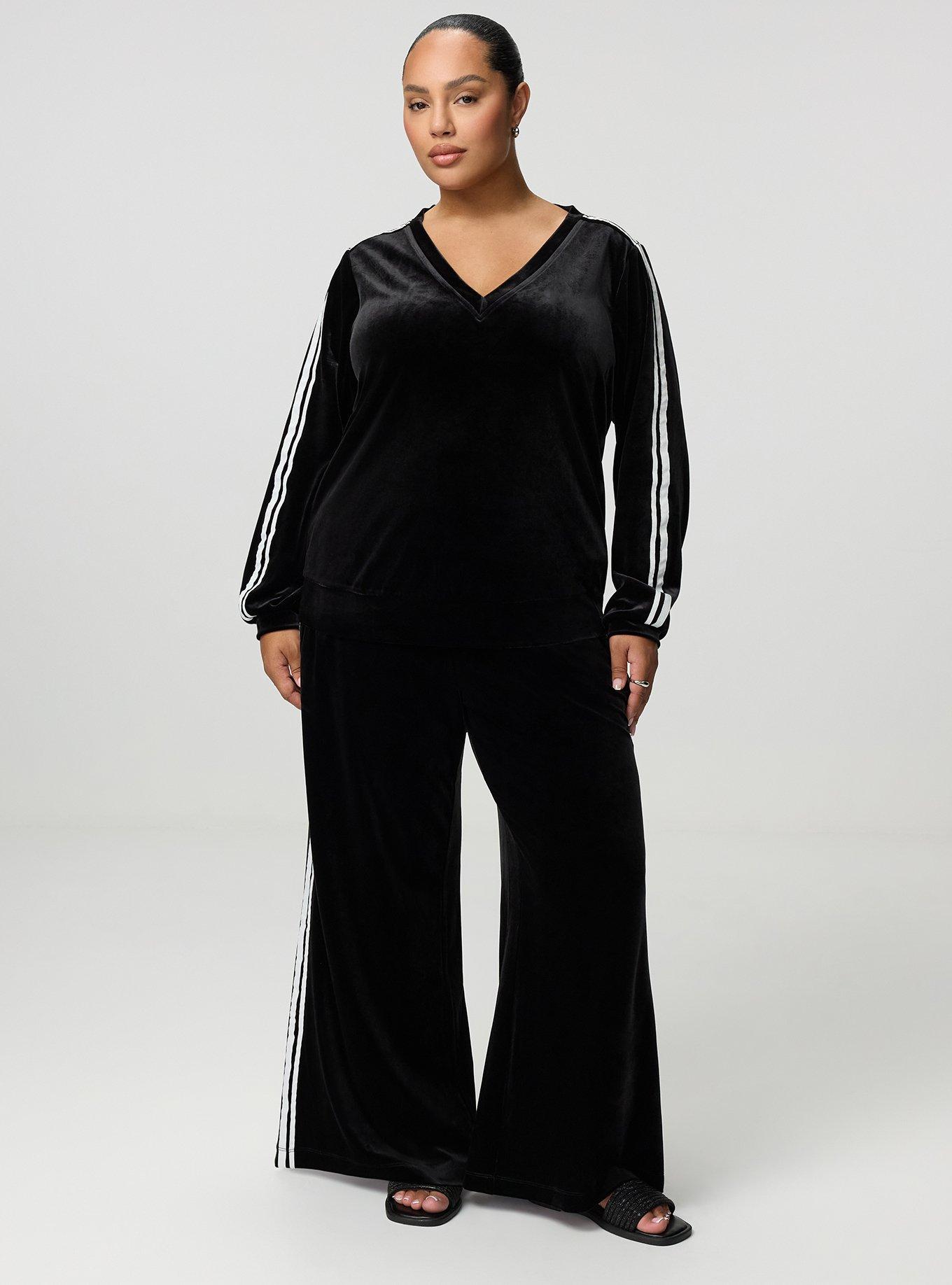 Plus Size Velour V-Neck Varsity Sweatshirt, DEEP BLACK, alternate