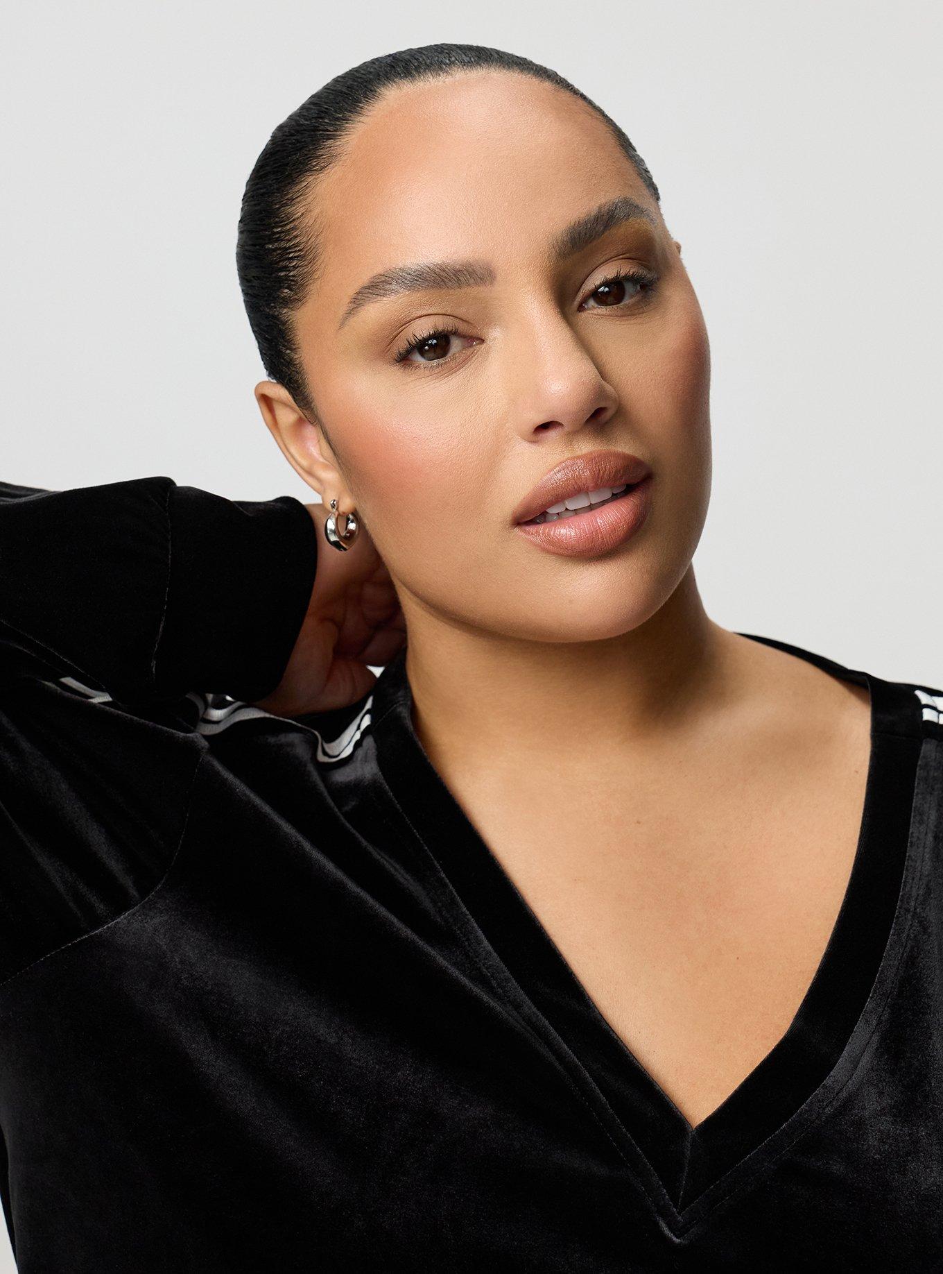 Plus Size Velour V-Neck Varsity Sweatshirt, DEEP BLACK, alternate