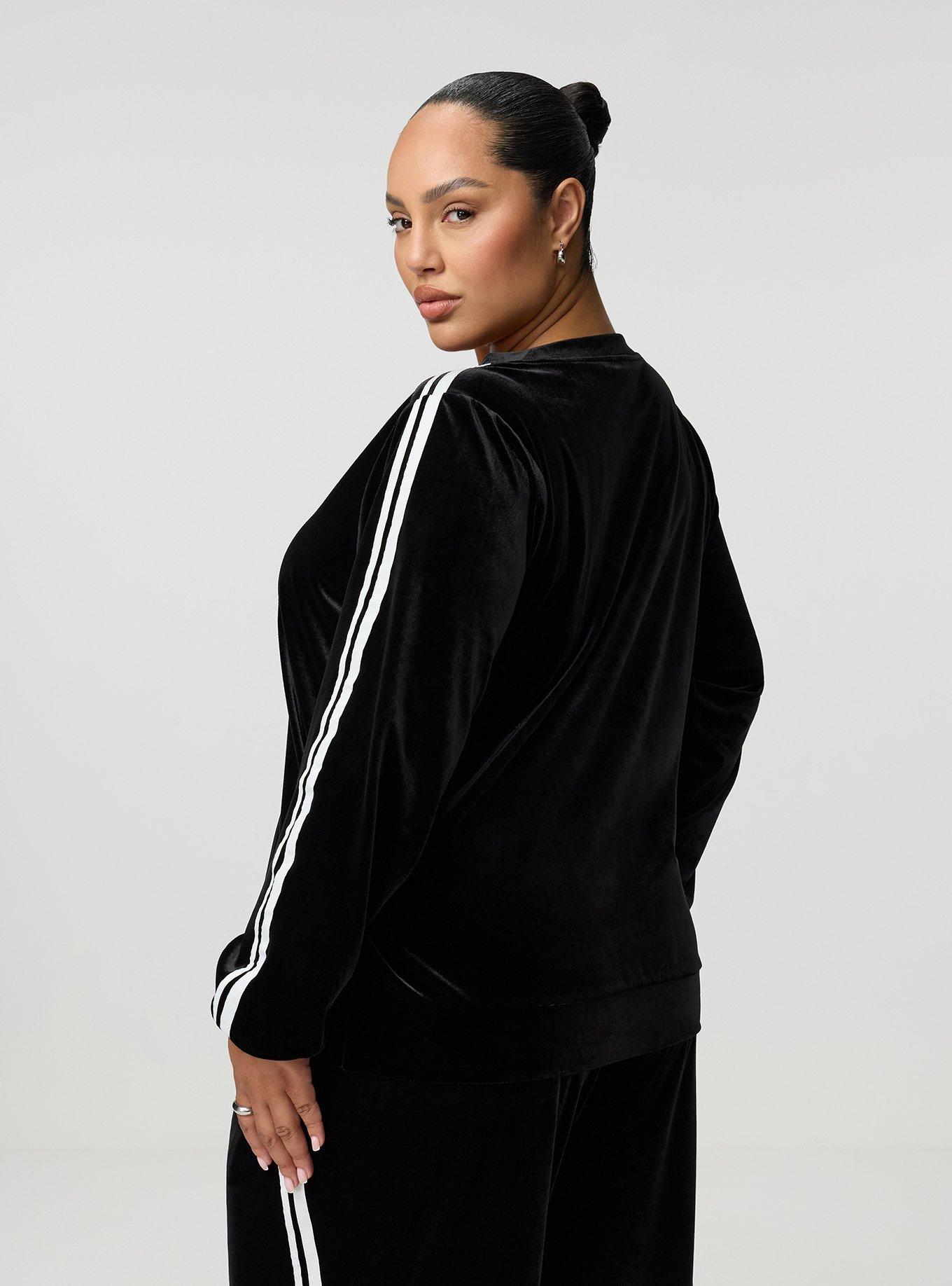 Plus Size Velour V-Neck Varsity Sweatshirt, DEEP BLACK, alternate