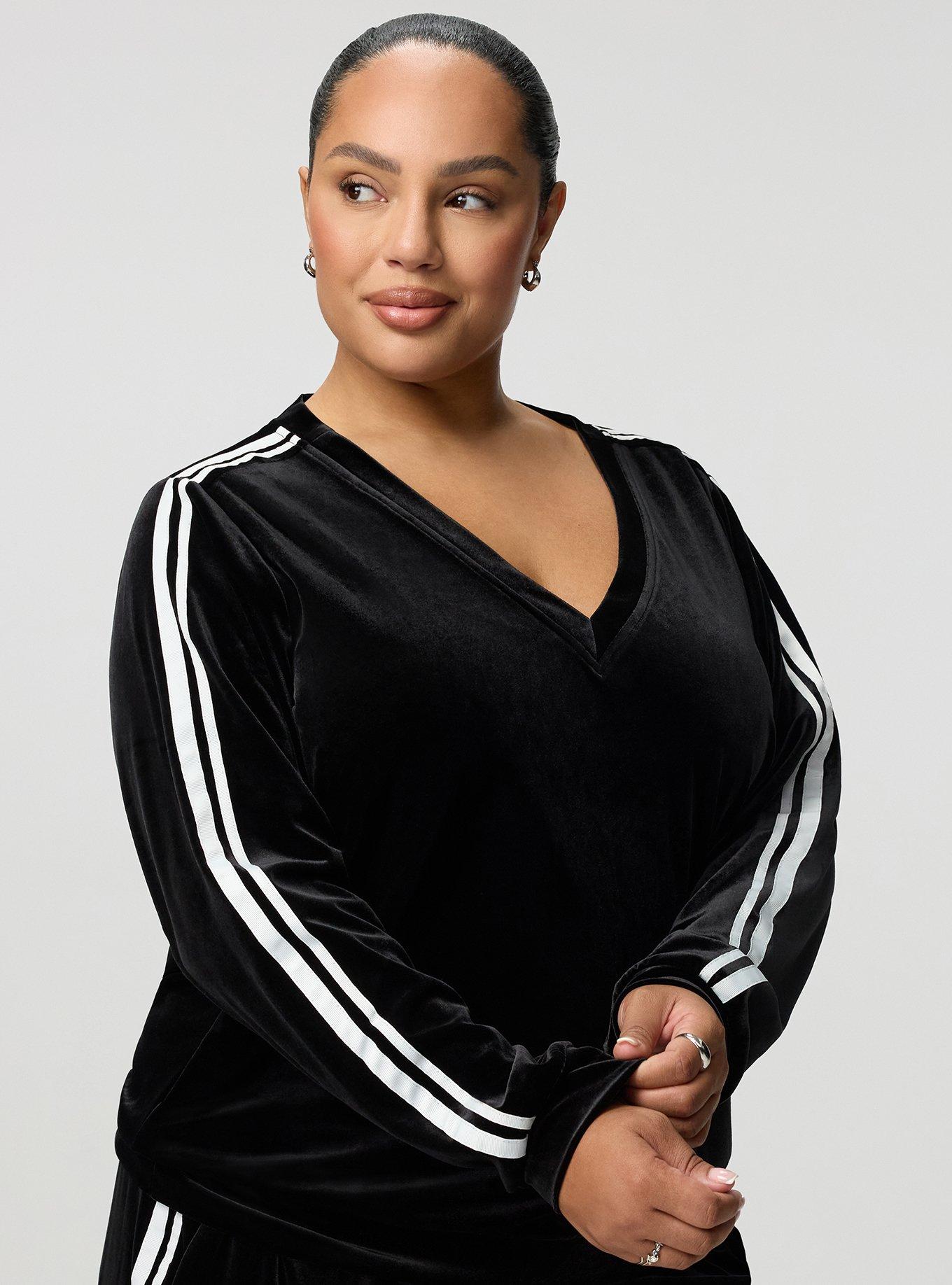 Plus Size Velour V-Neck Varsity Sweatshirt, DEEP BLACK, alternate