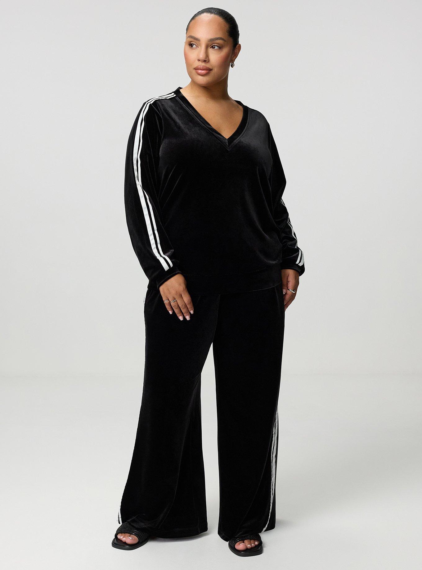 Plus Size Velour V-Neck Varsity Sweatshirt, DEEP BLACK, alternate