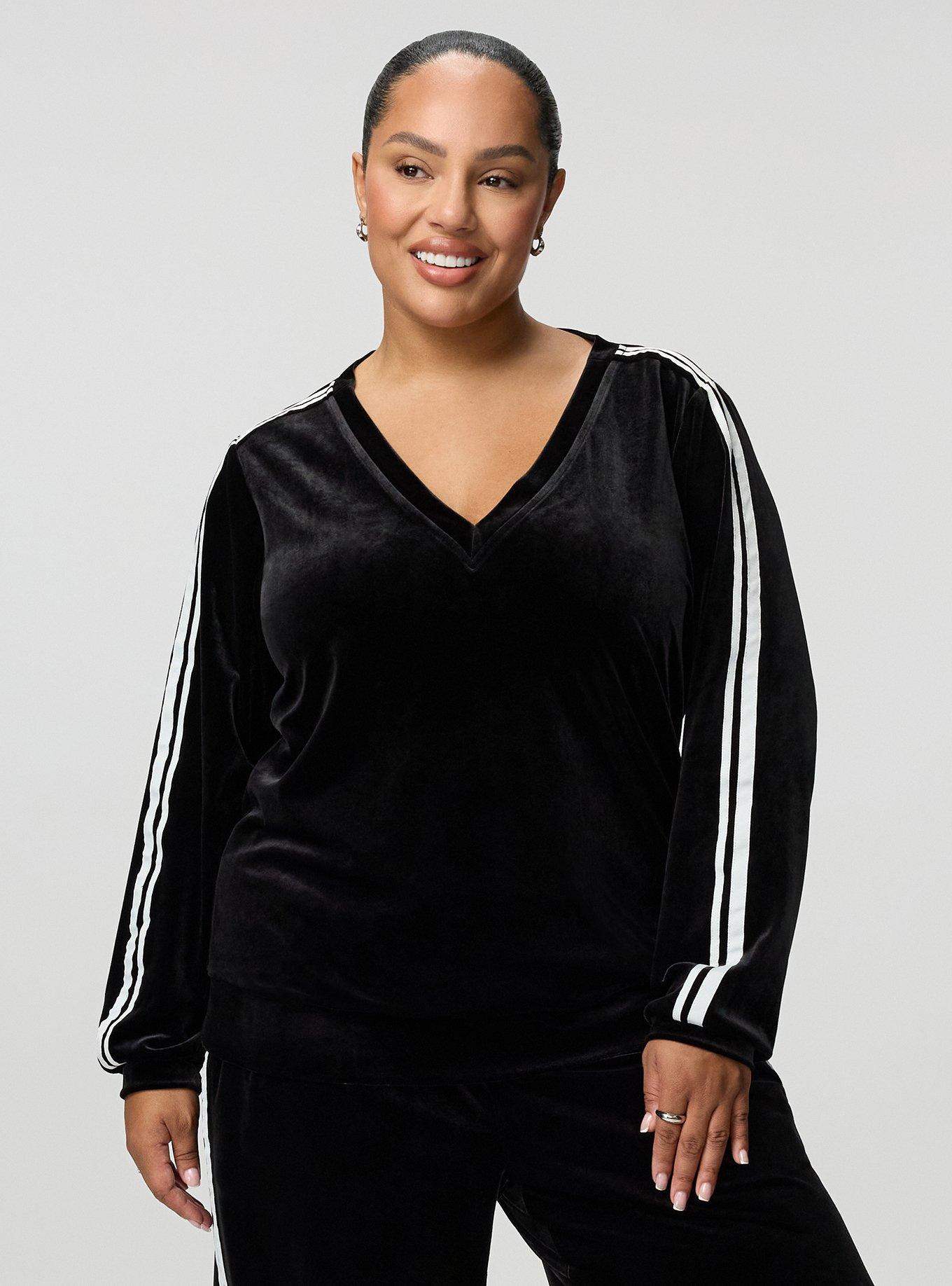 Plus Size Velour V-Neck Varsity Sweatshirt, DEEP BLACK, hi-res