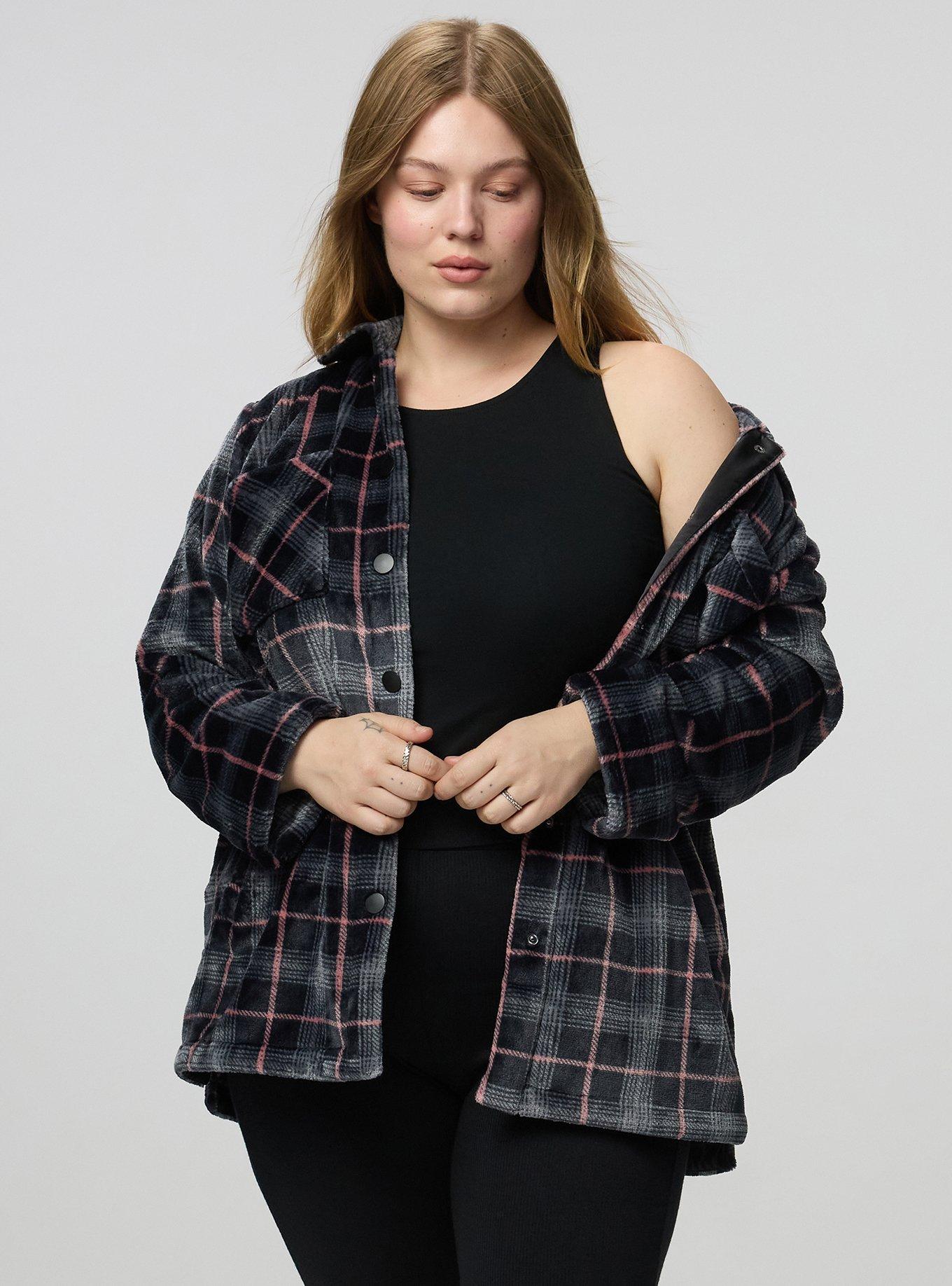 Cozy Fur Snap Front Shacket, BLOSSOM PLAID DEEP BLACK, alternate