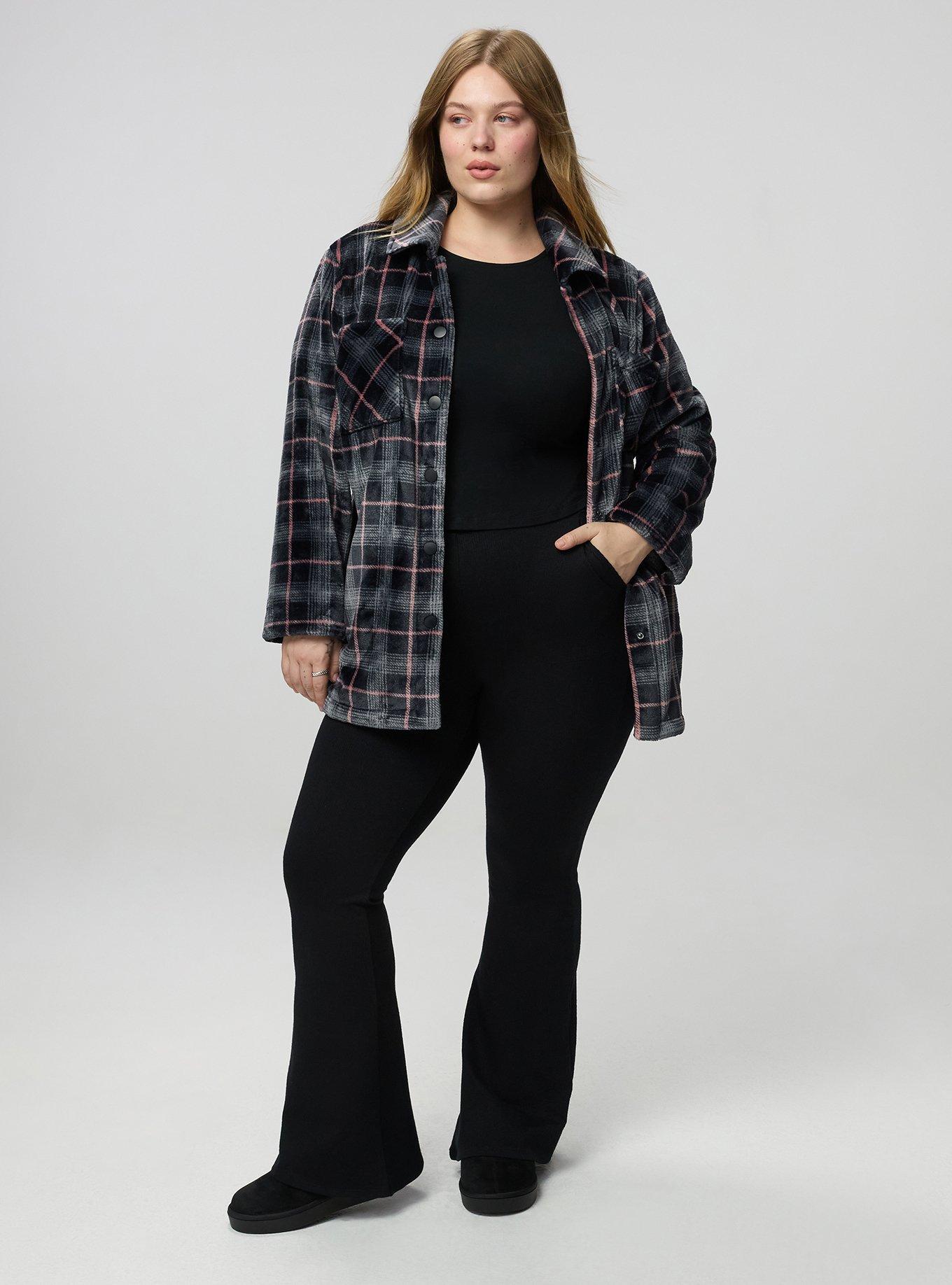 Cozy Fur Snap Front Shacket, BLOSSOM PLAID DEEP BLACK, alternate
