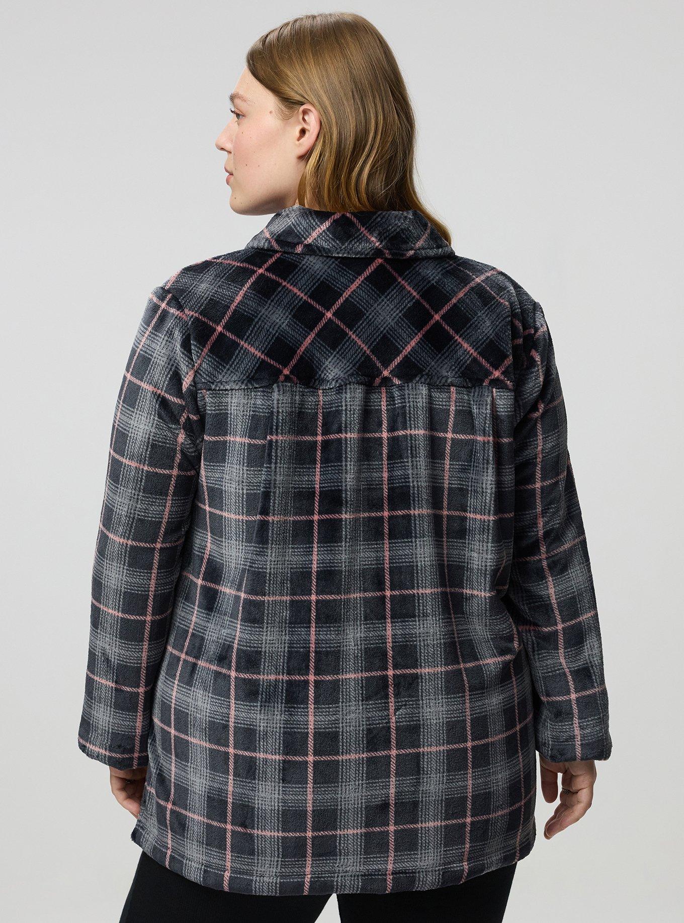 Cozy Fur Snap Front Shacket, BLOSSOM PLAID DEEP BLACK, alternate