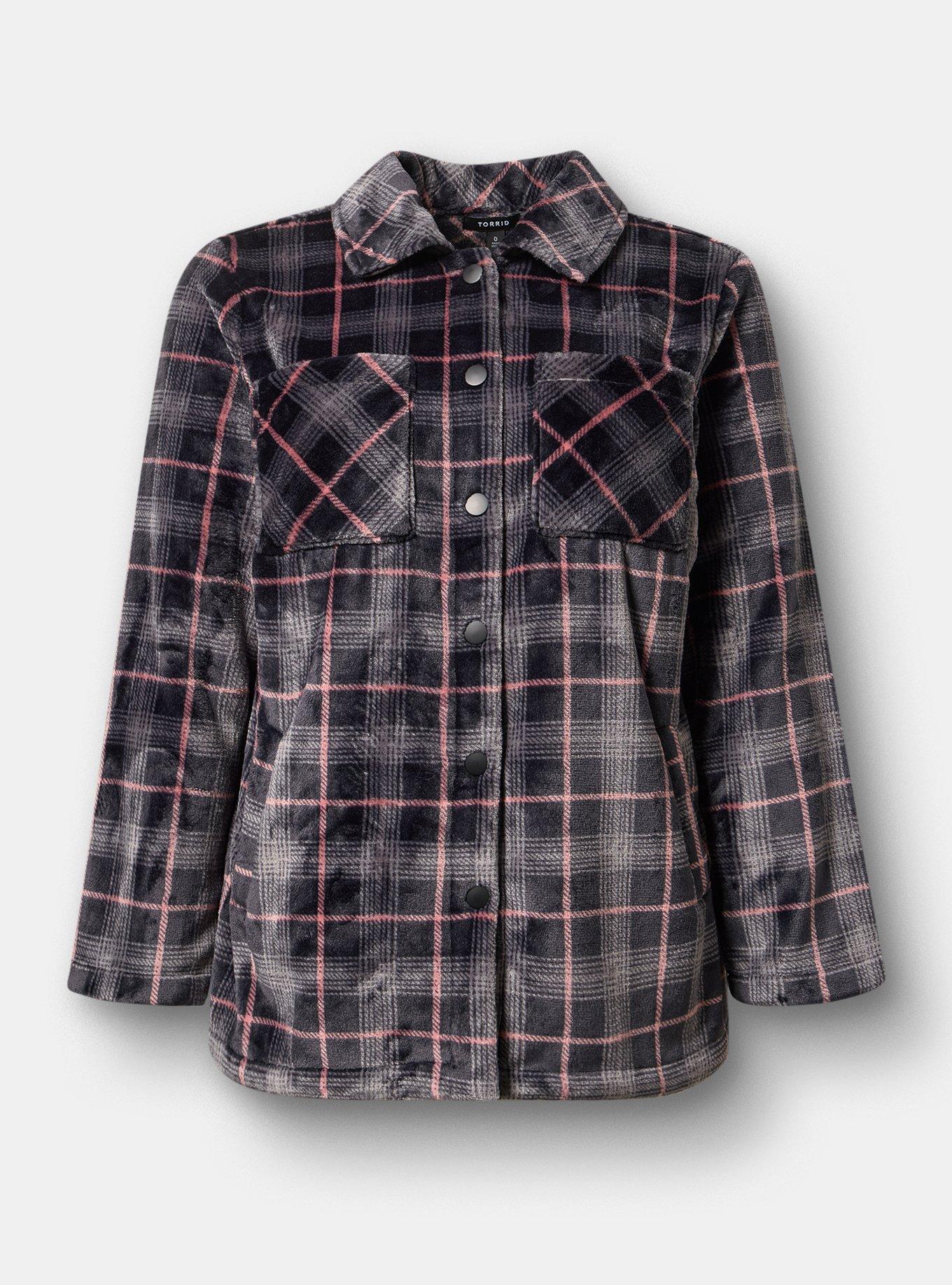 Cozy Fur Snap Front Shacket, BLOSSOM PLAID DEEP BLACK, flat