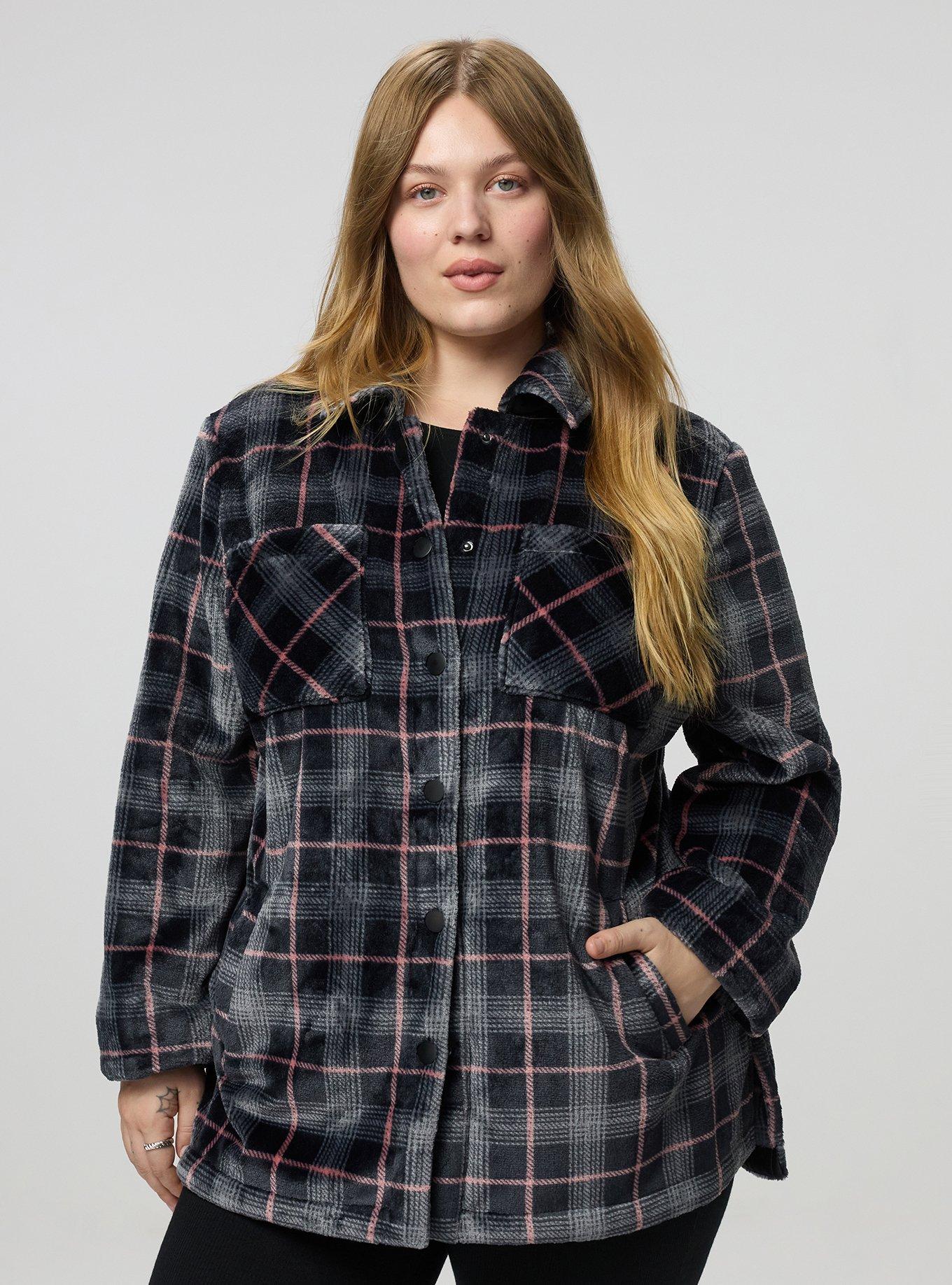 Cozy Fur Snap Front Shacket, BLOSSOM PLAID DEEP BLACK, hi-res