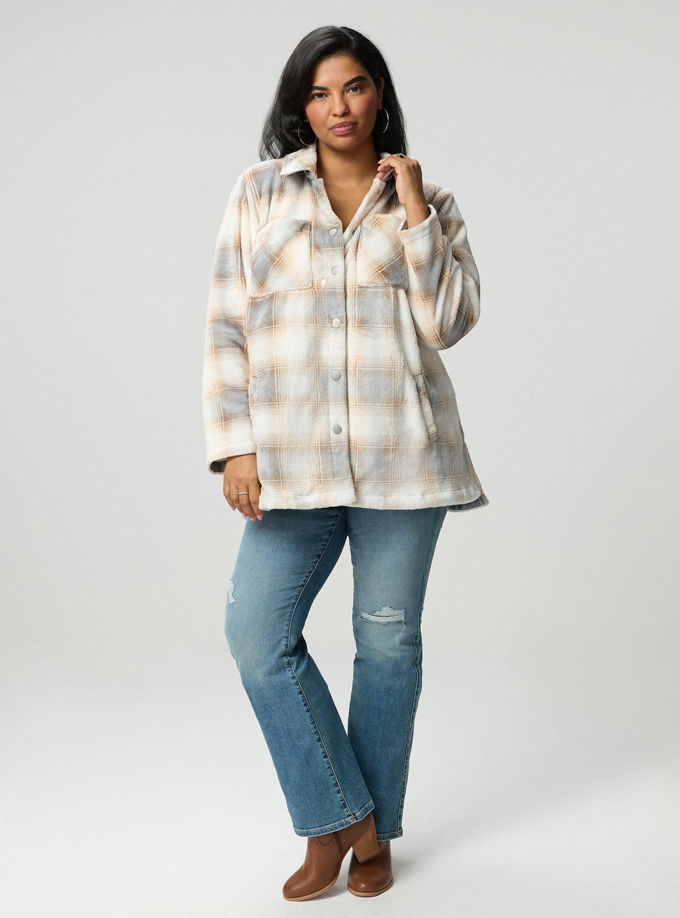 Plus Size Cozy Fur Snap Front Shacket, MAUD PLAID GREY, alternate
