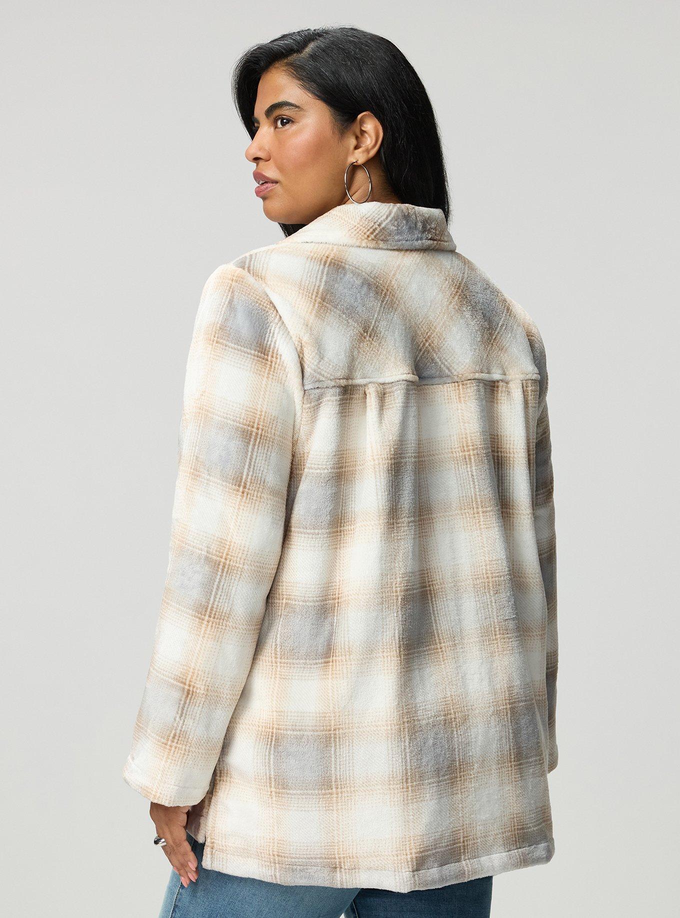 Plus Size Cozy Fur Snap Front Shacket, MAUD PLAID GREY, alternate