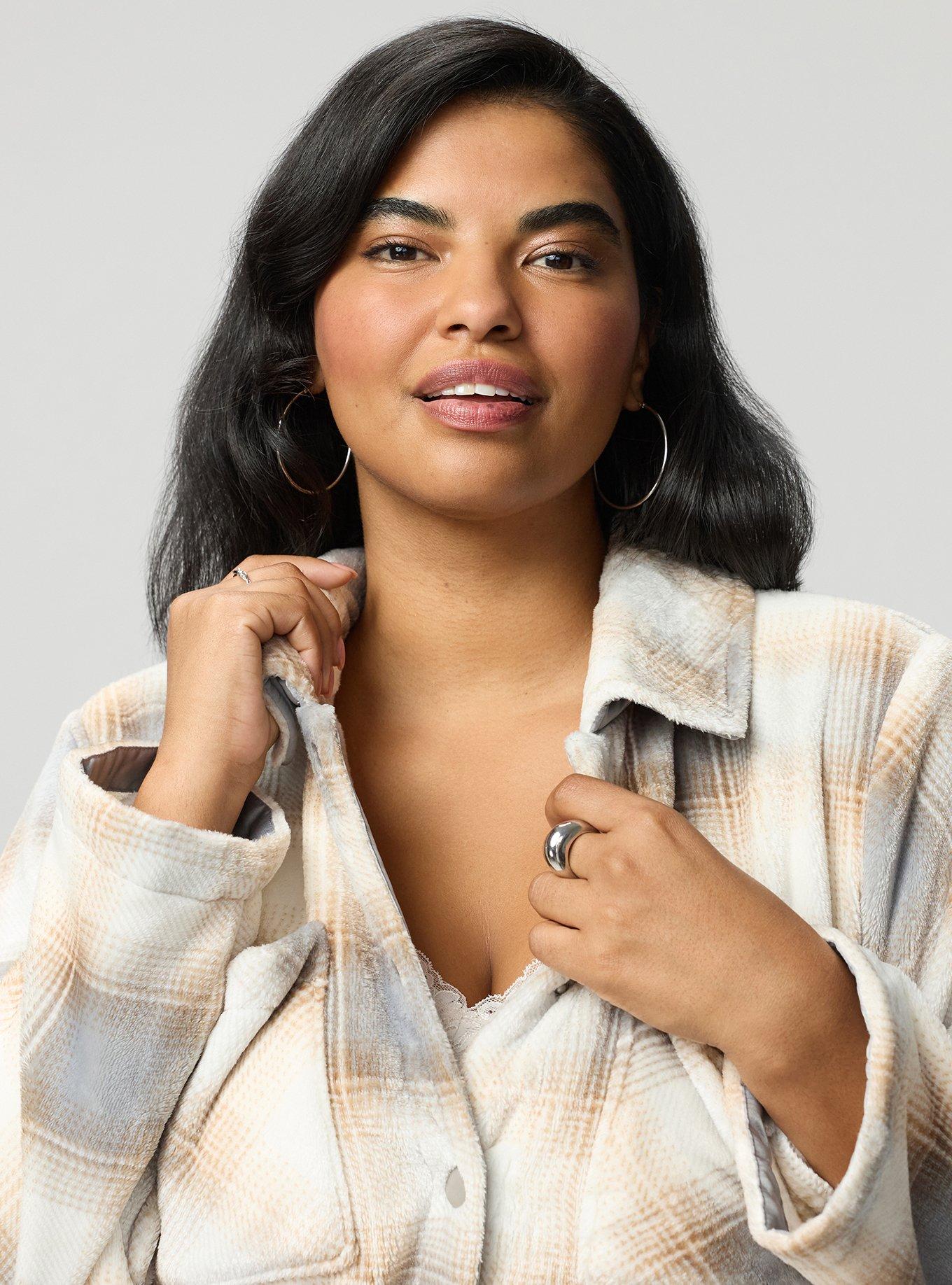 Plus Size Cozy Fur Snap Front Shacket, MAUD PLAID GREY, alternate