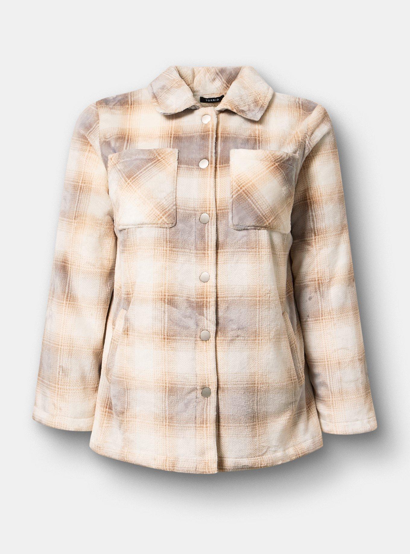 Plus Size Cozy Fur Snap Front Shacket, MAUD PLAID GREY, flat