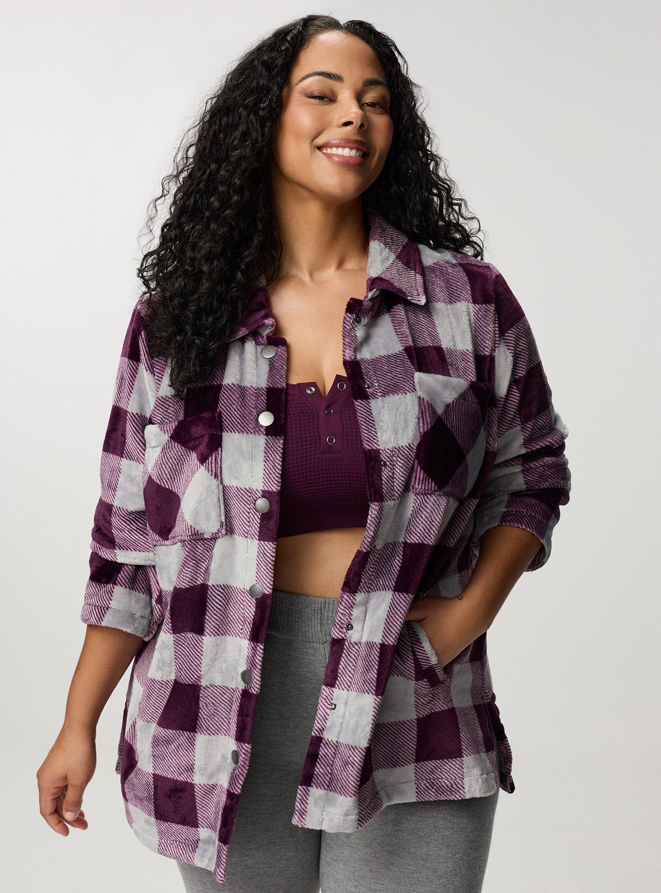 Plus Size Cozy Fur Snap Front Shacket, BUFFALO PLAID PLUM, alternate