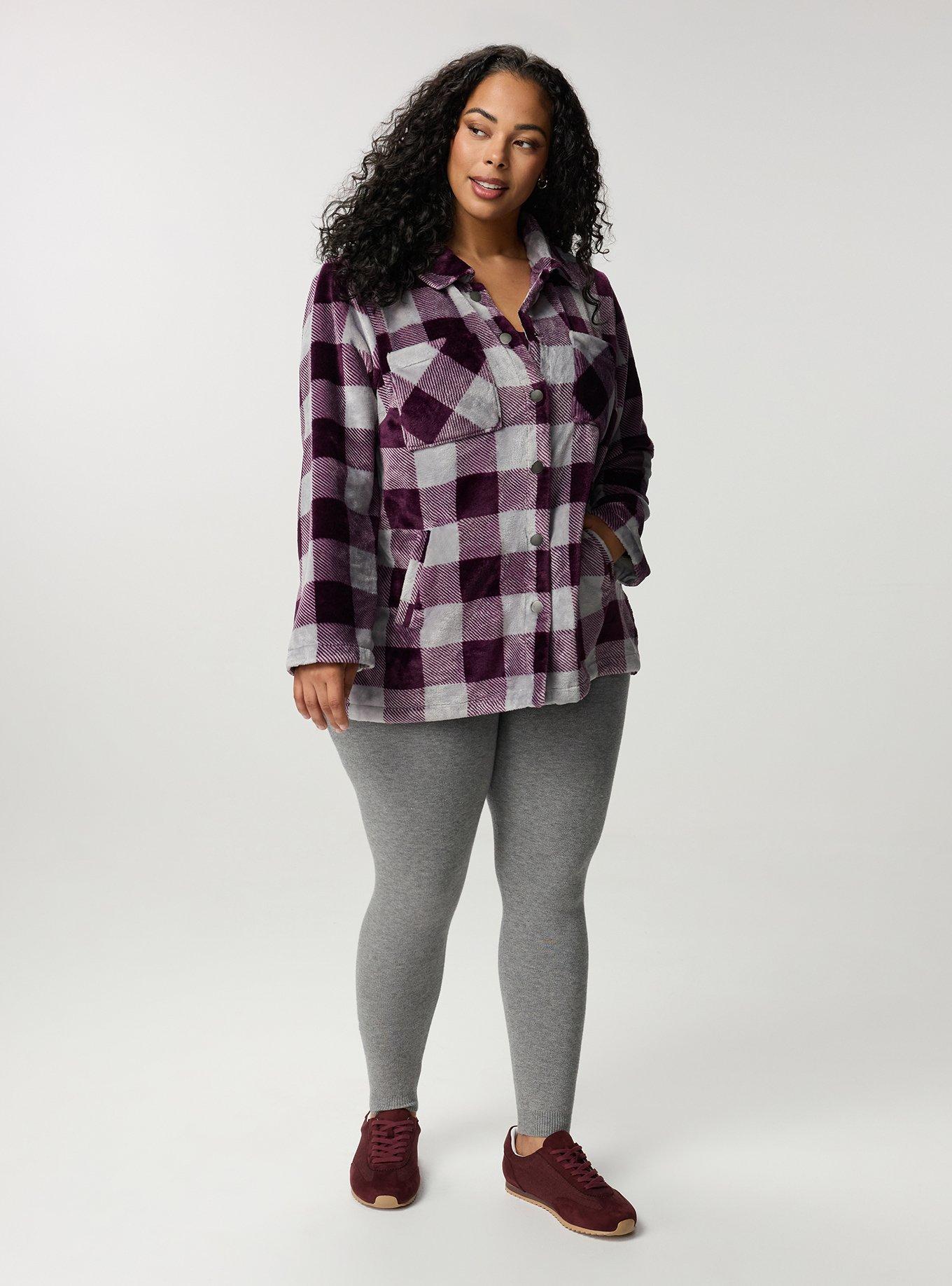 Plus Size Cozy Fur Snap Front Shacket, BUFFALO PLAID PLUM, alternate